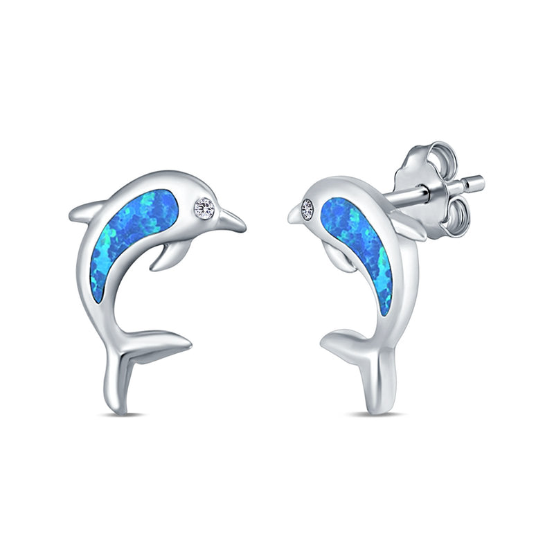 Dolphin Stud Earrings Lab Created Opal 925 Sterling Silver (13mm)