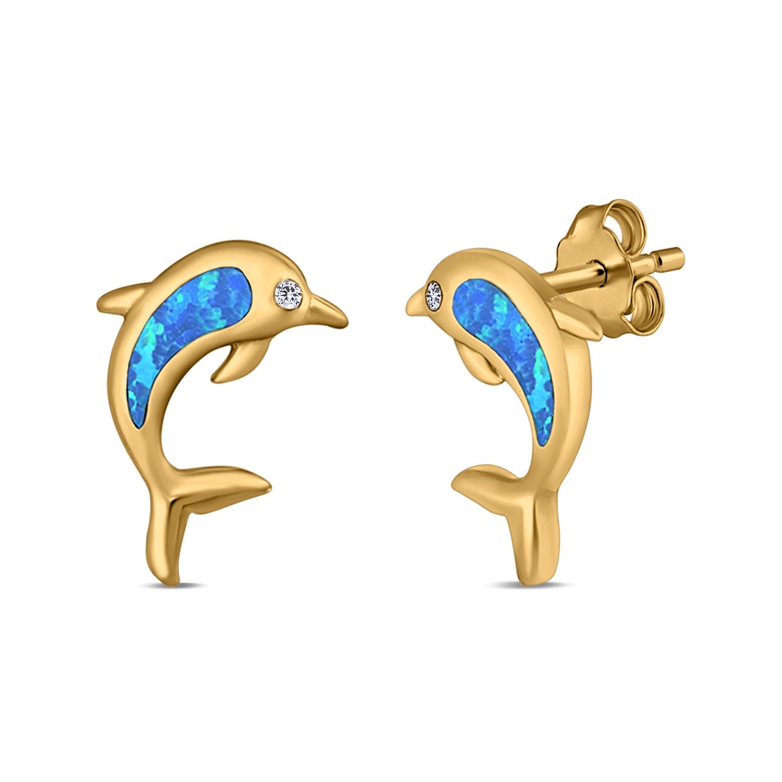 Dolphin Stud Earrings Lab Created Opal 925 Sterling Silver (13mm)