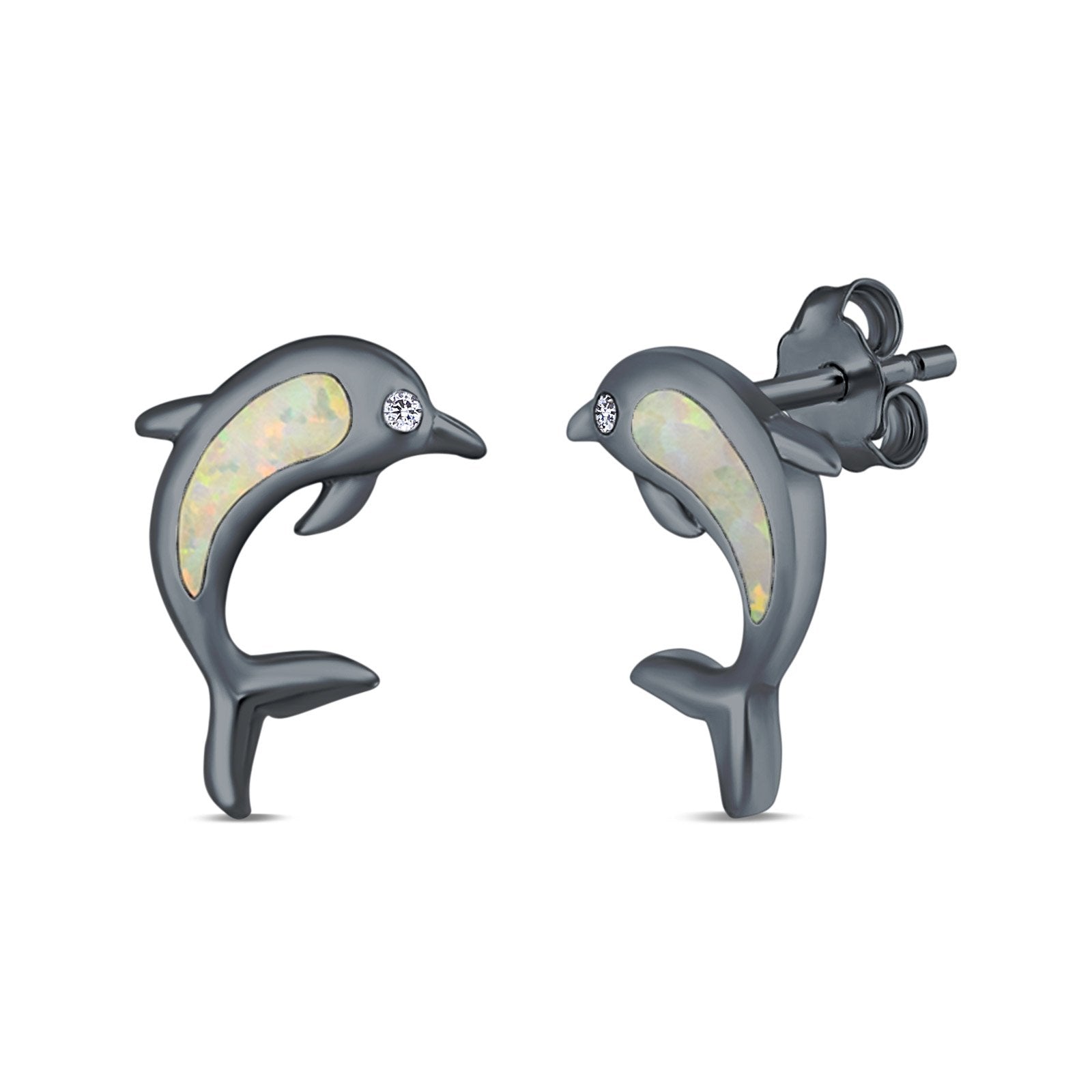 Dolphin Stud Earrings Lab Created Opal 925 Sterling Silver (13mm)