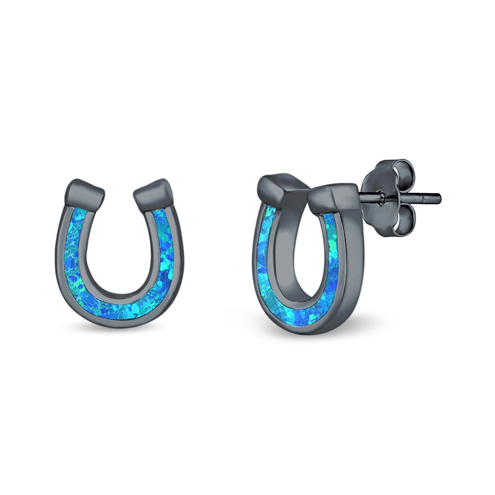 Horseshoe Stud Earrings Lab Created Opal 925 Sterling Silver (9mm)