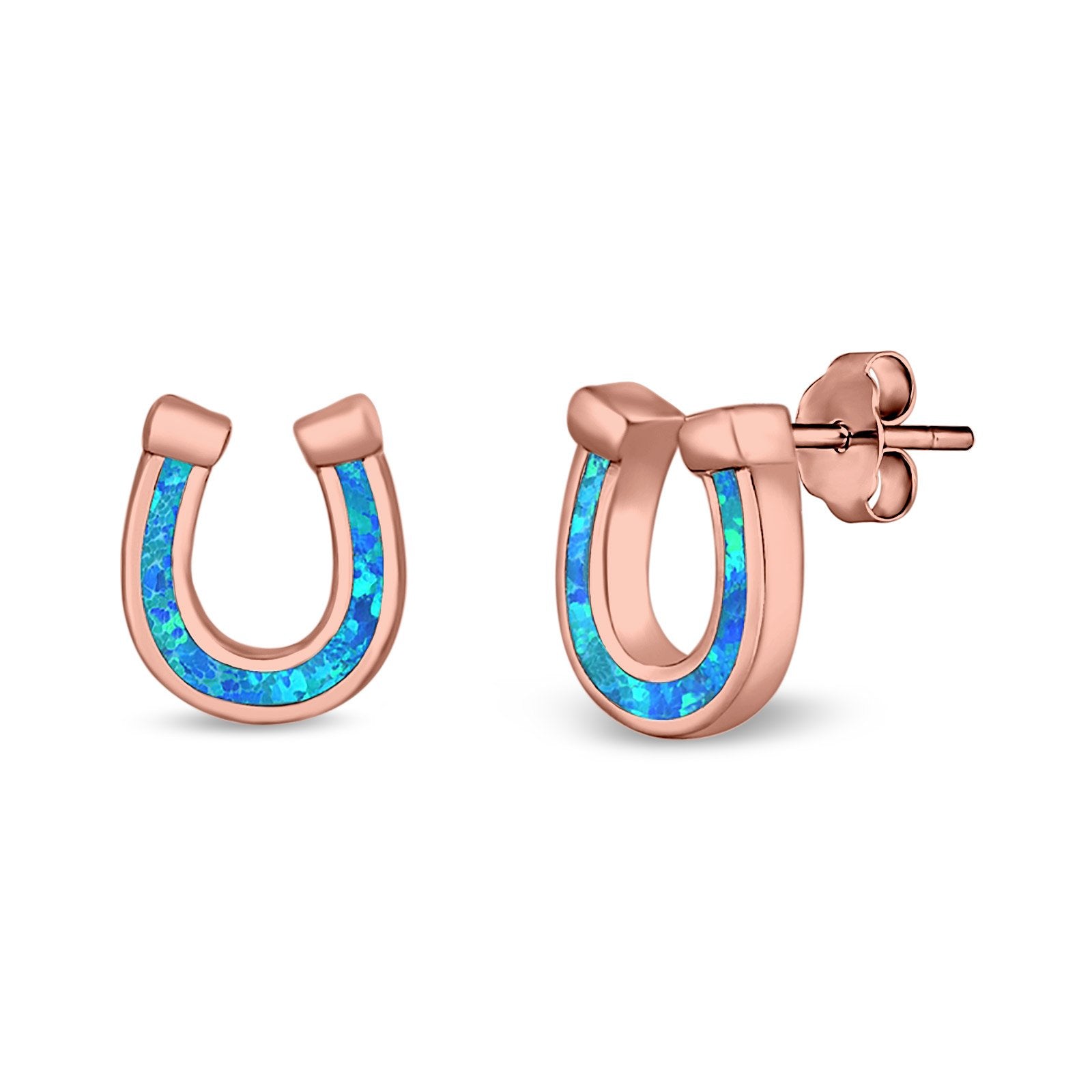 Horseshoe Stud Earrings Lab Created Opal 925 Sterling Silver (9mm)