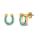 Horseshoe Stud Earrings Lab Created Opal 925 Sterling Silver (9mm)