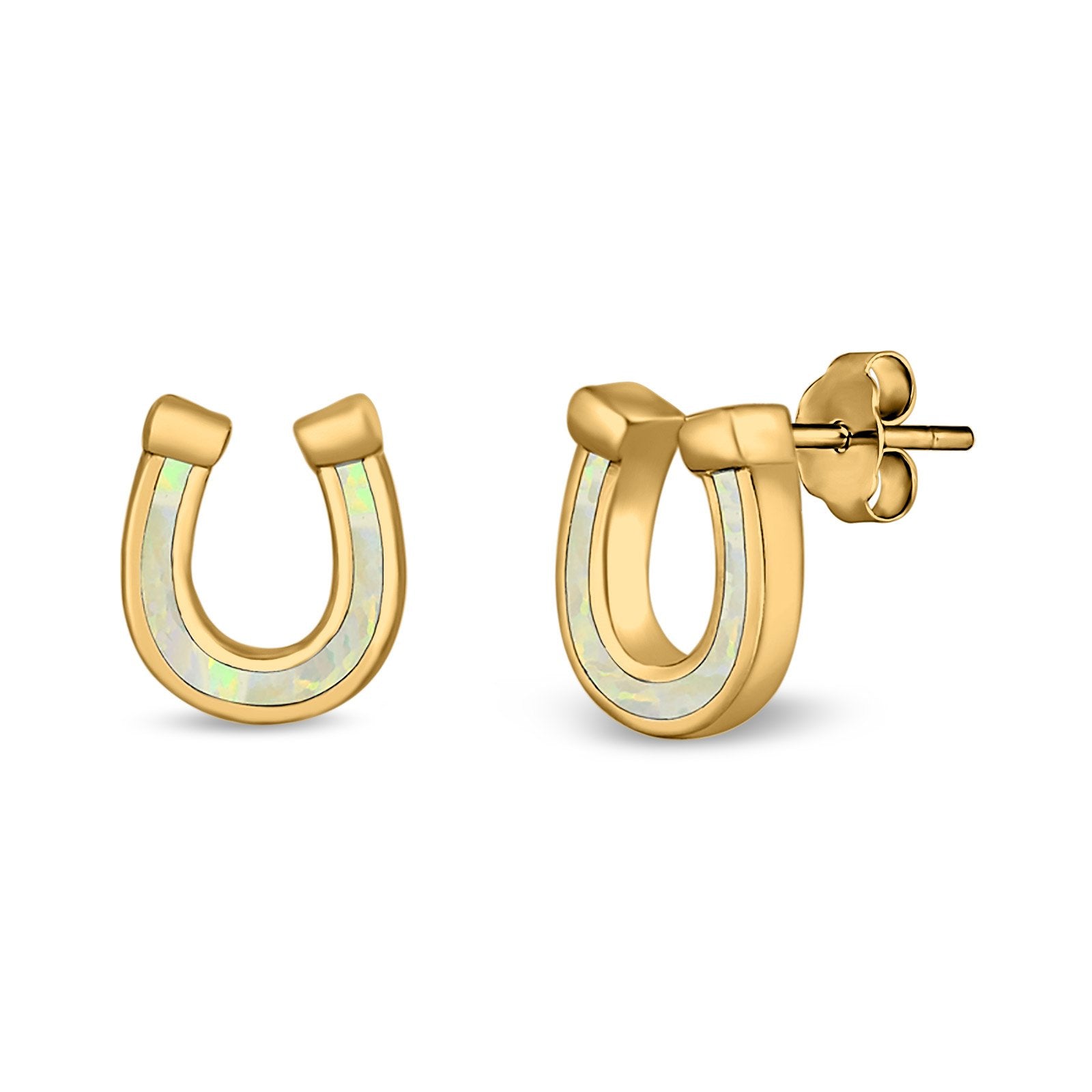Horseshoe Stud Earrings Lab Created Opal 925 Sterling Silver (9mm)
