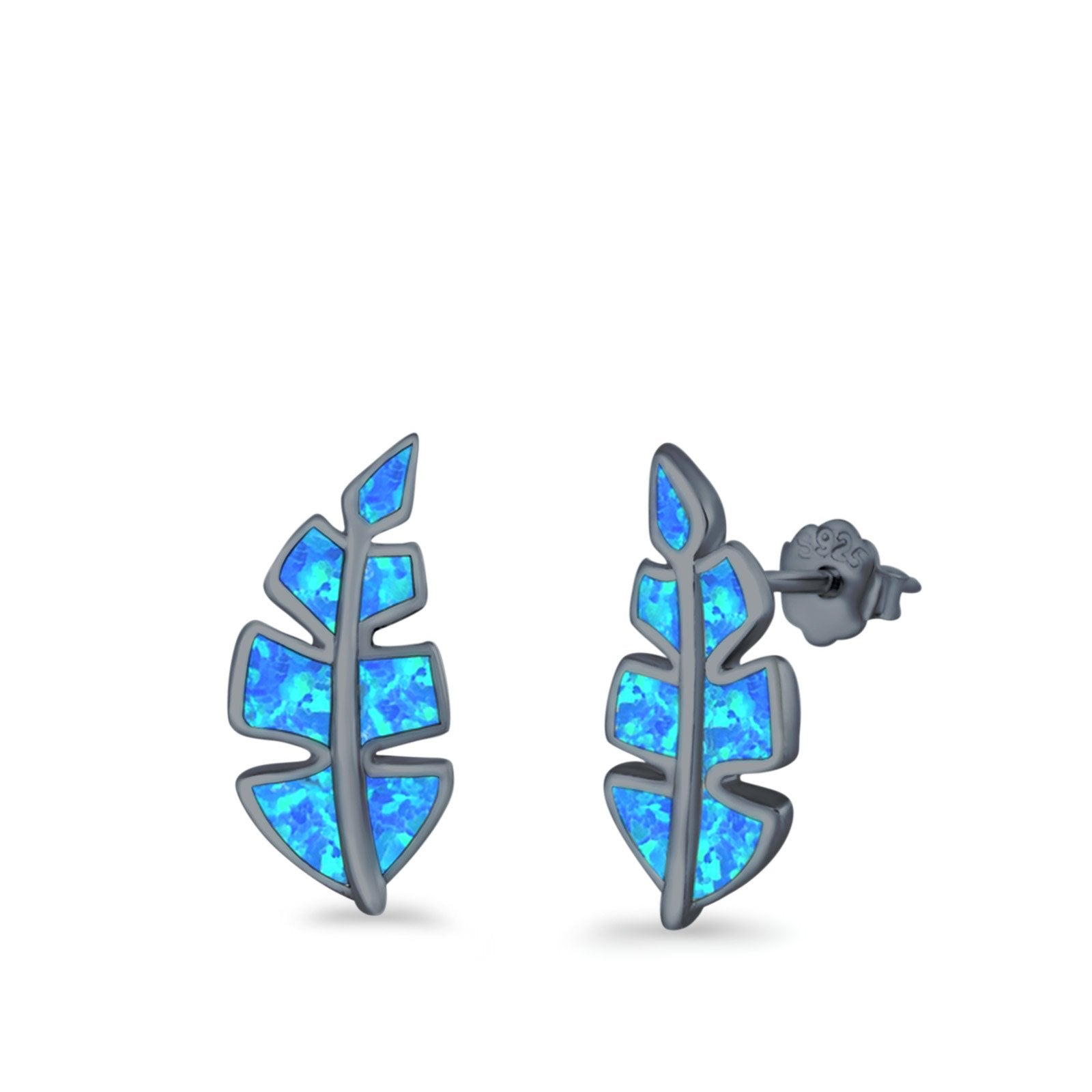 Leaf Stud Earrings Lab Created Opal 925 Sterling Silver (14mm)