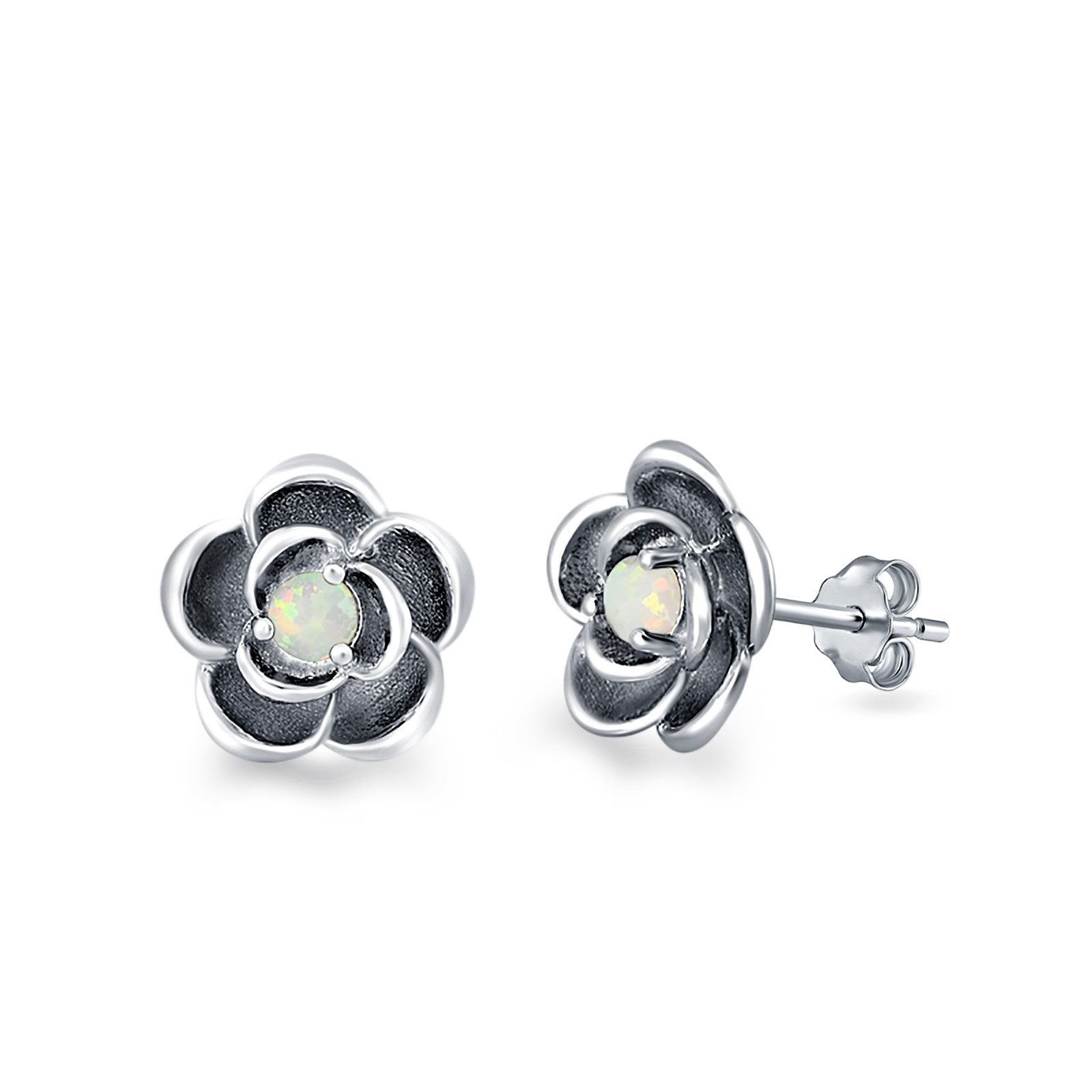 Flower Stud Earrings Lab Created Opal 925 Sterling Silver (10mm)