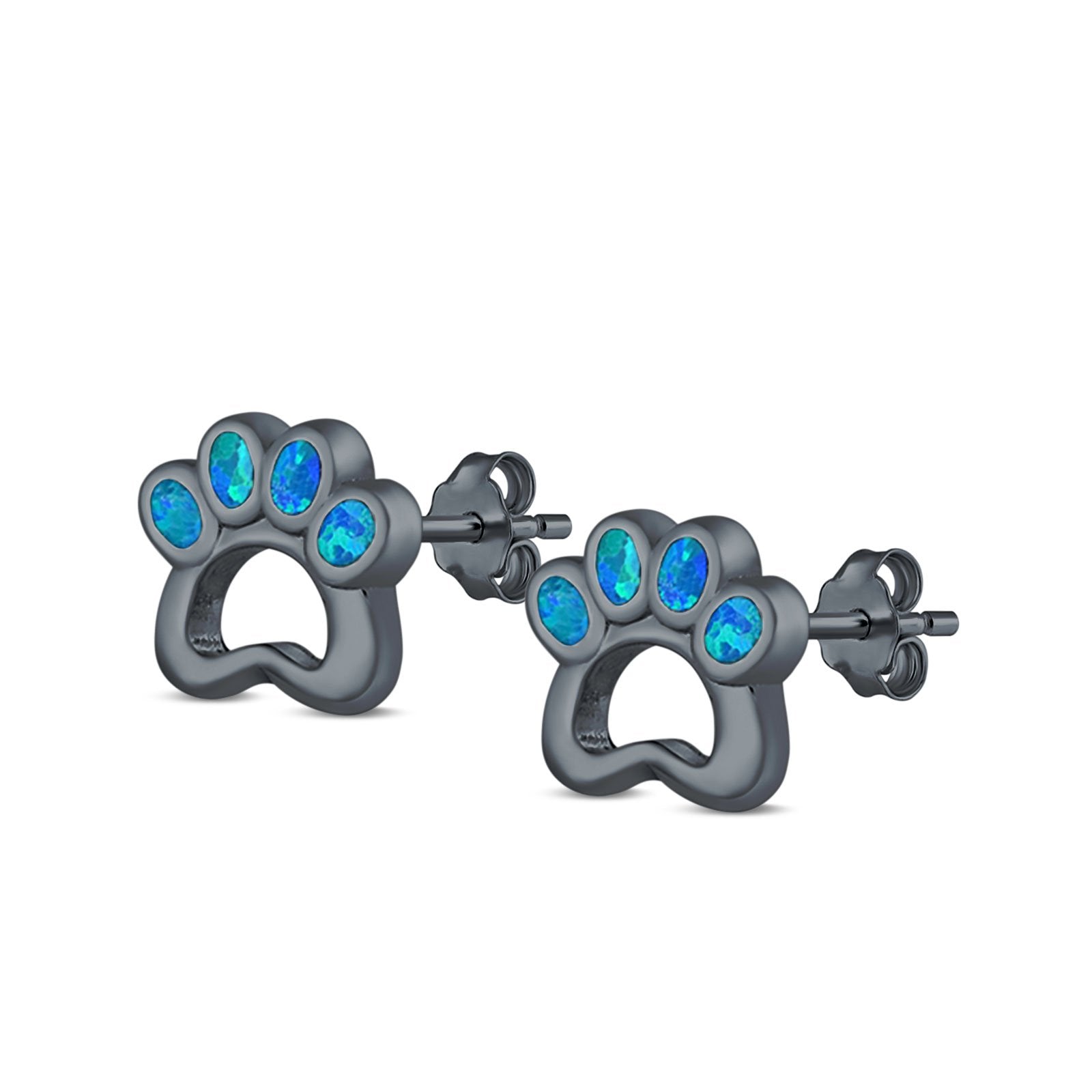 Paw Print Stud Earrings Lab Created Opal 925 Sterling Silver (13mm)