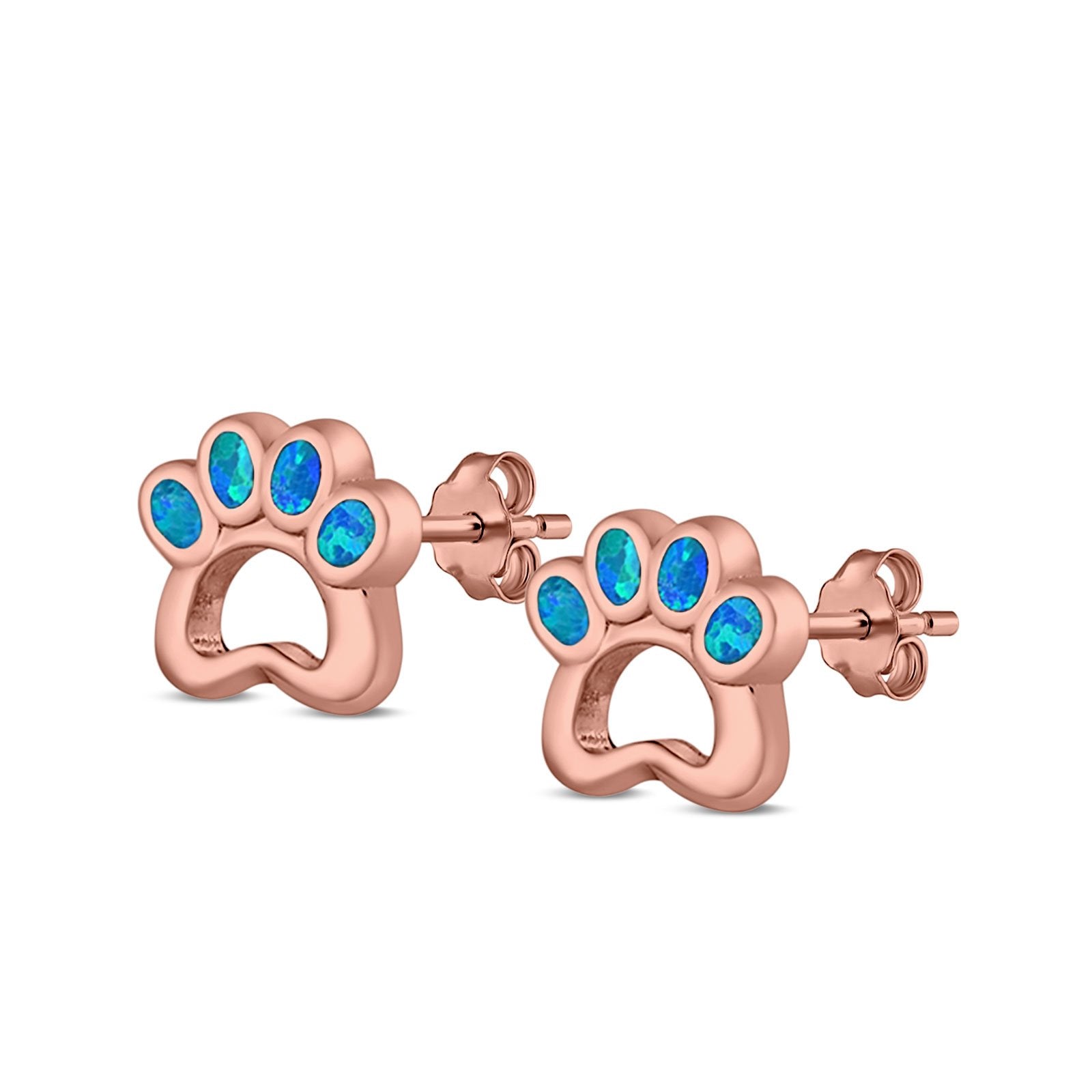 Paw Print Stud Earrings Lab Created Opal 925 Sterling Silver (13mm)
