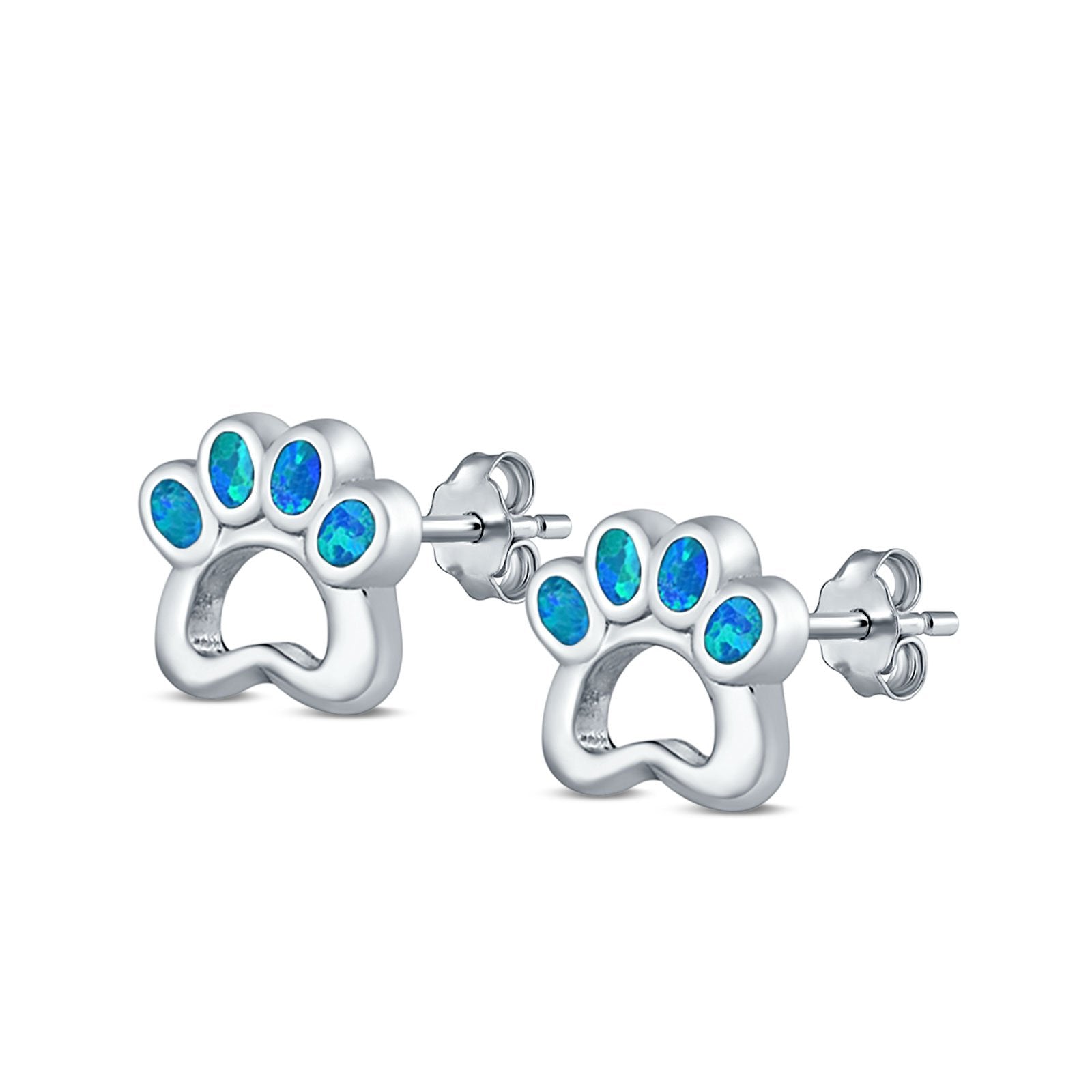 Paw Print Stud Earrings Lab Created Opal 925 Sterling Silver (13mm)