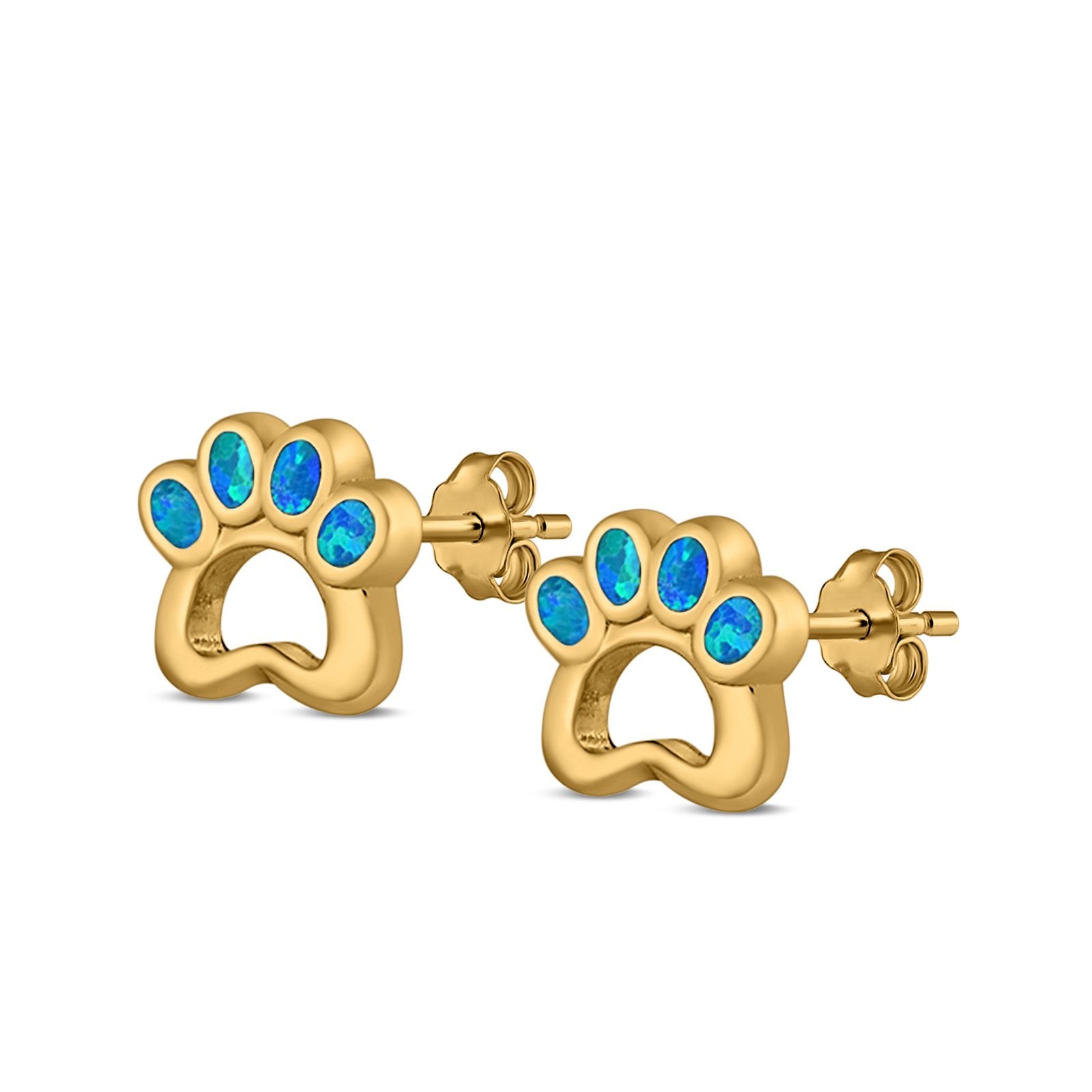 Paw Print Stud Earrings Lab Created Opal 925 Sterling Silver (13mm)