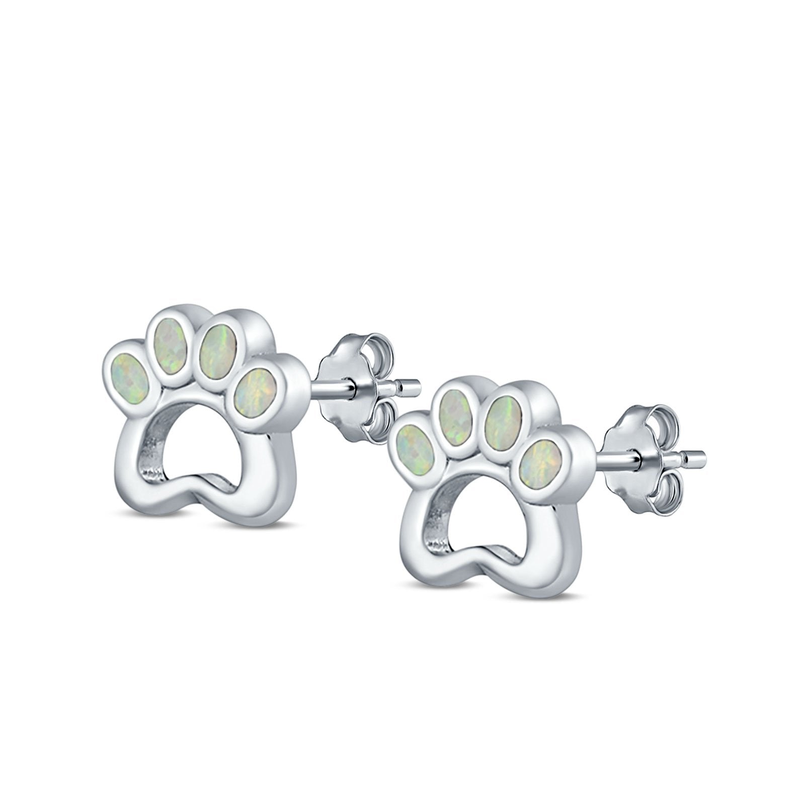 Paw Print Stud Earrings Lab Created Opal 925 Sterling Silver (13mm)