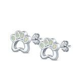 Paw Print Stud Earrings Lab Created Opal 925 Sterling Silver (13mm)