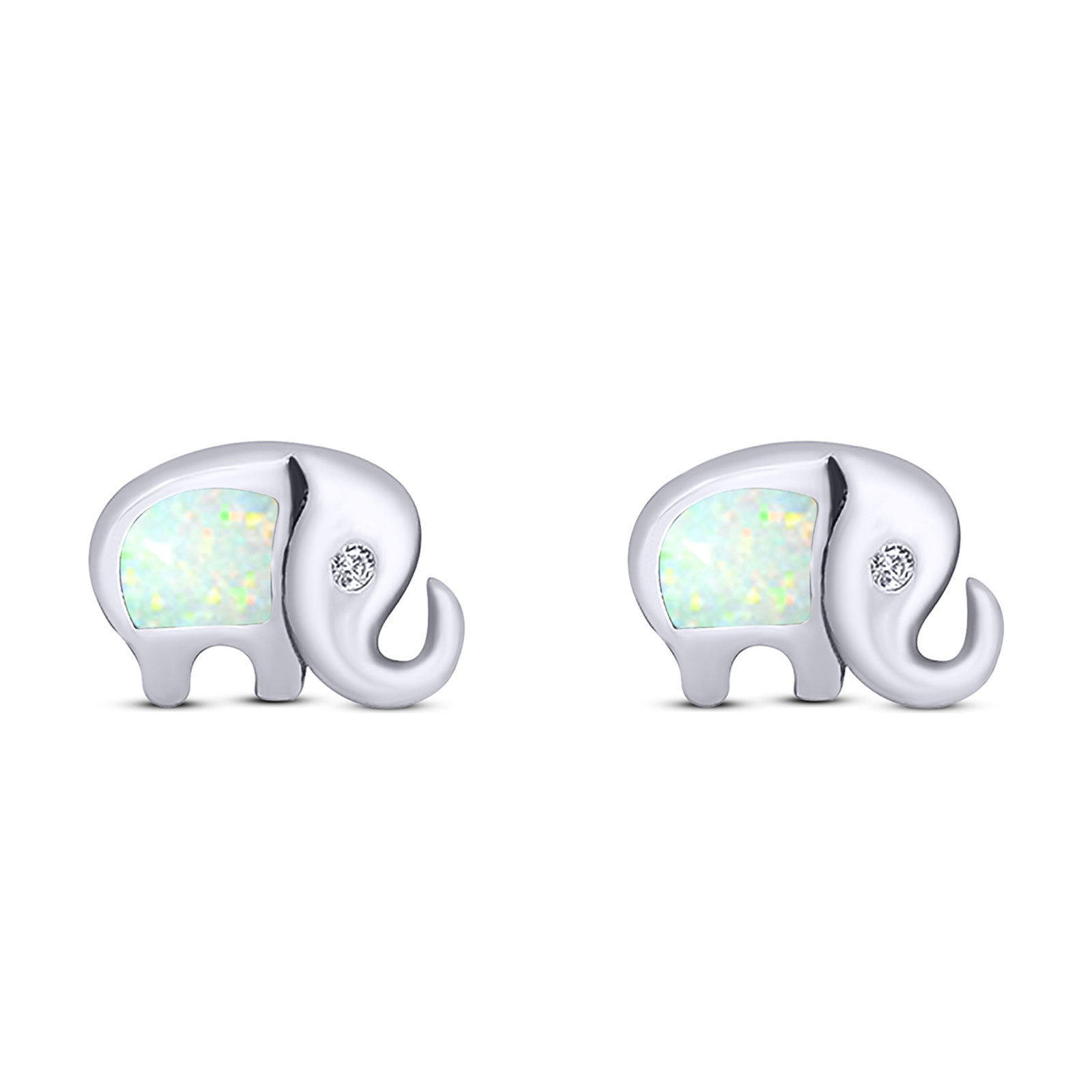 Elephant Stud Earring Created Opal Solid 925 Sterling Silver (7mm)