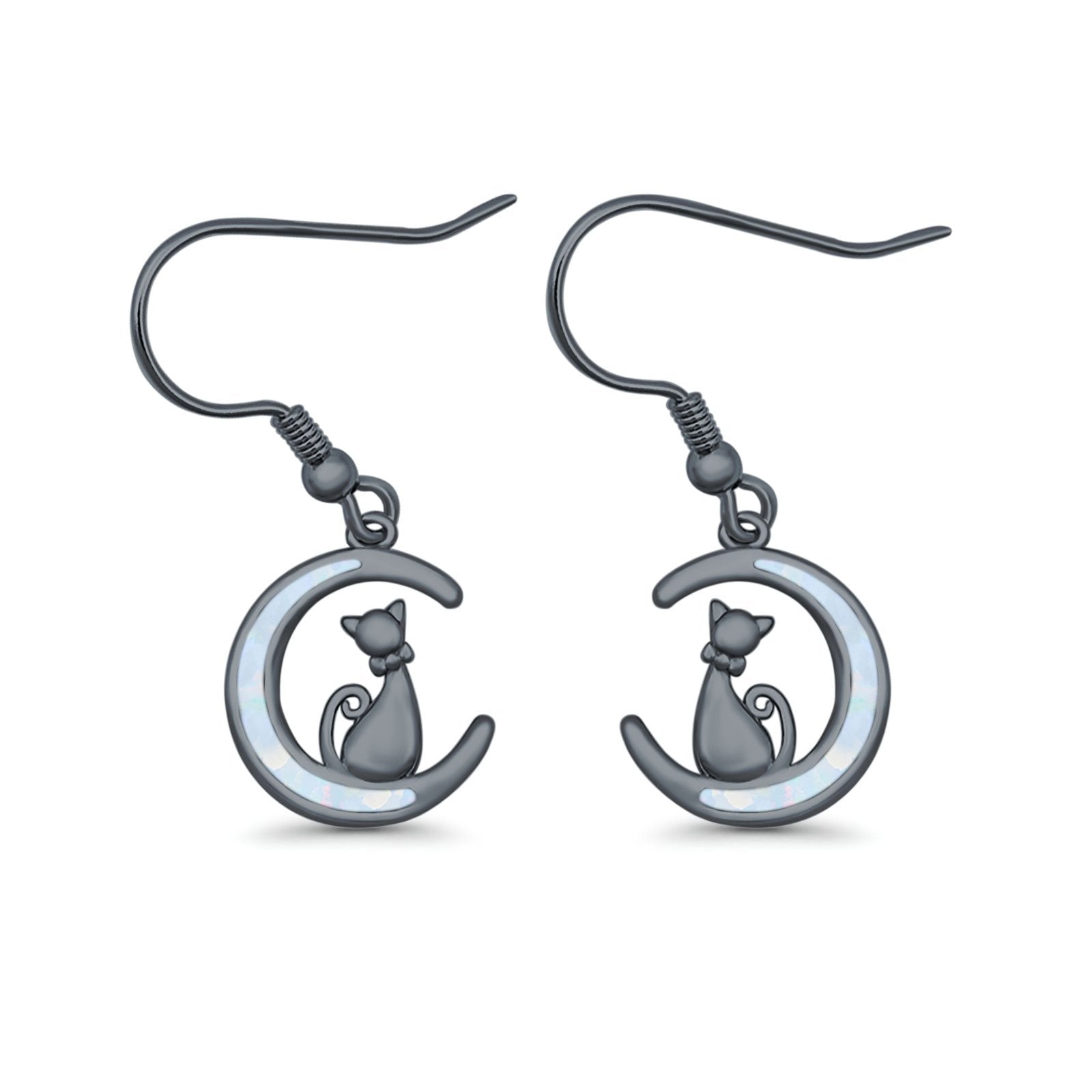 Cat on Moon Drop Dangle Earrings Lab Created Opal 925 Sterling Silver (13mm)