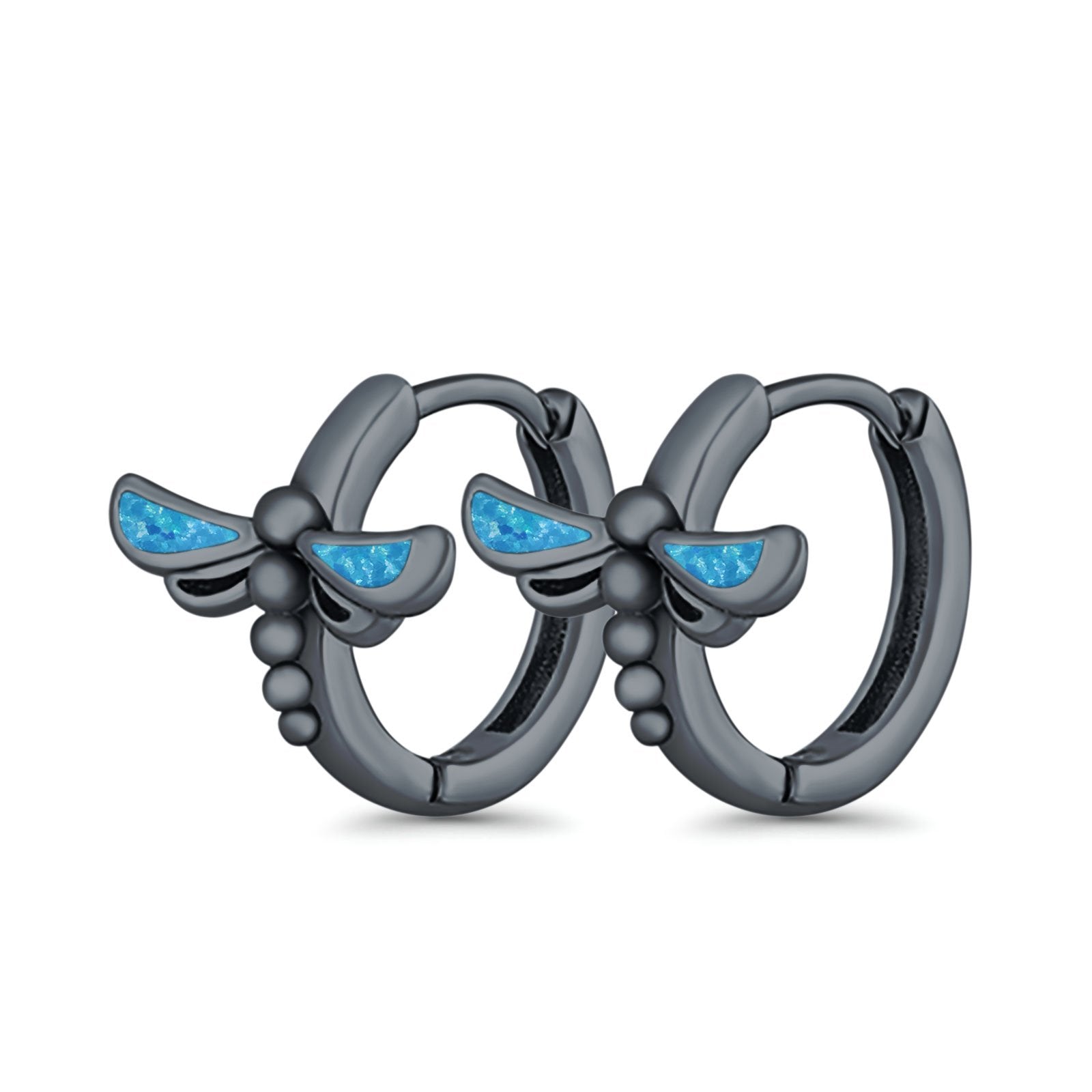 Dragonfly Hoop Huggie Earrings Lab Created Opal 925 Sterling Silver