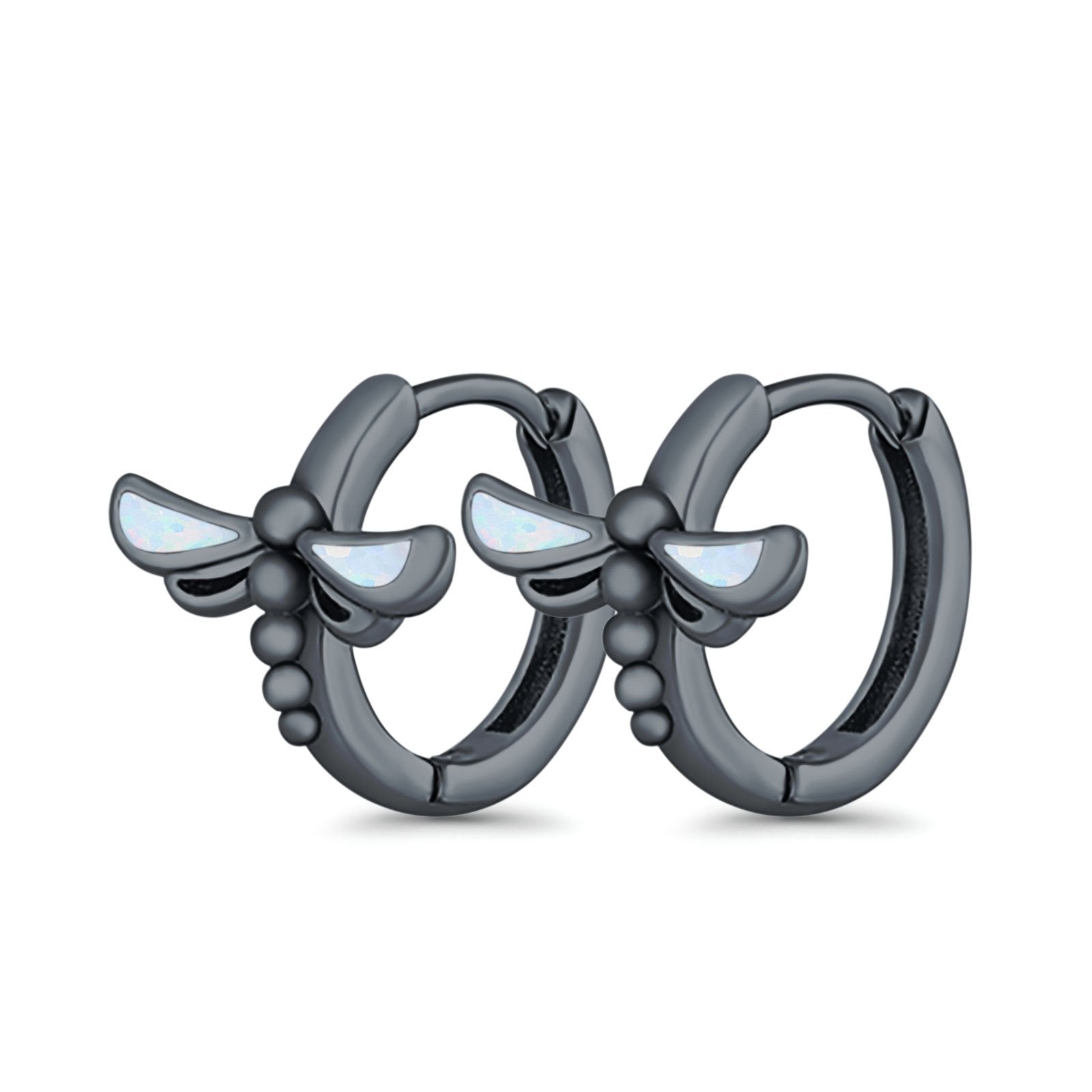 Dragonfly Hoop Huggie Earrings Lab Created Opal 925 Sterling Silver