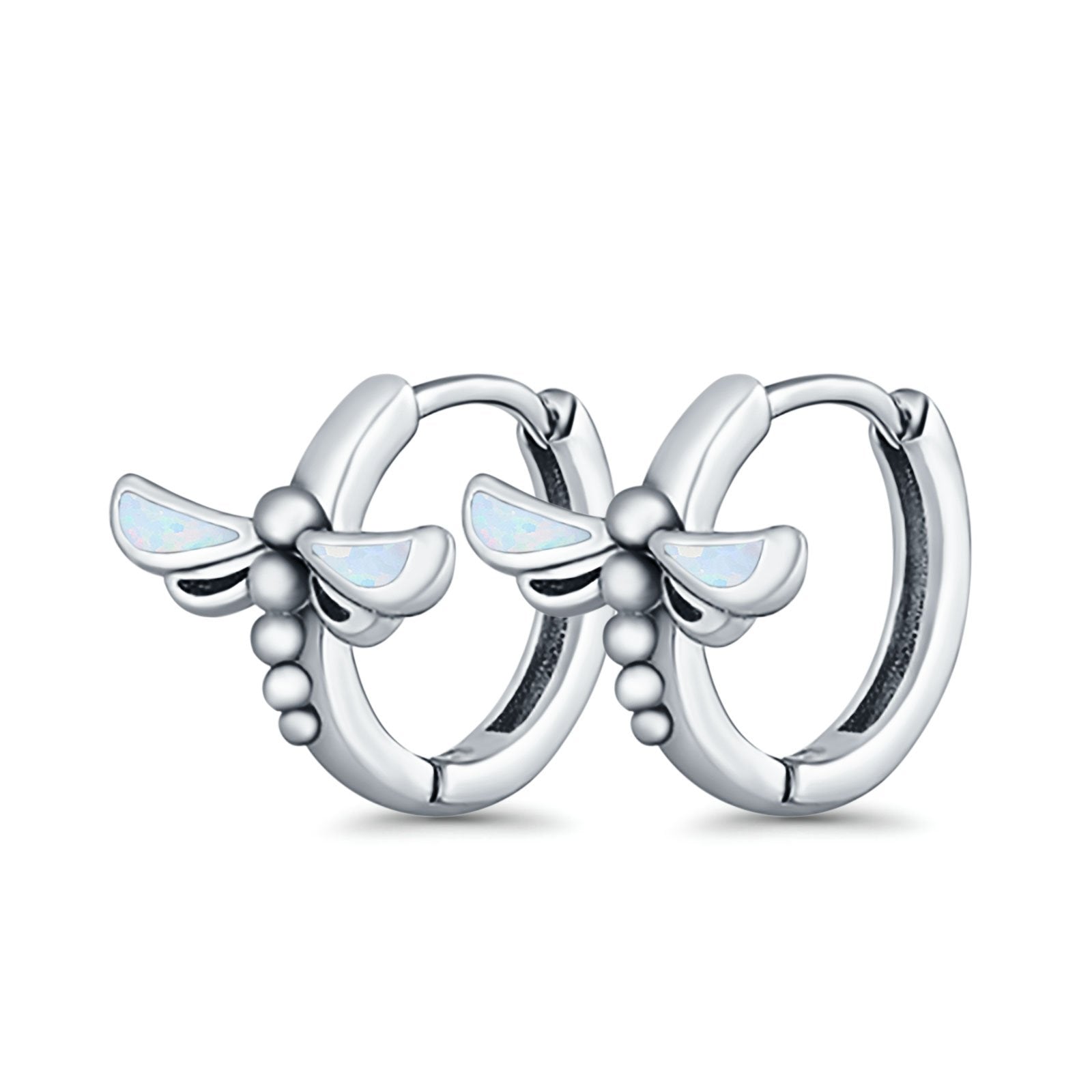 Dragonfly Hoop Huggie Earrings Lab Created Opal 925 Sterling Silver