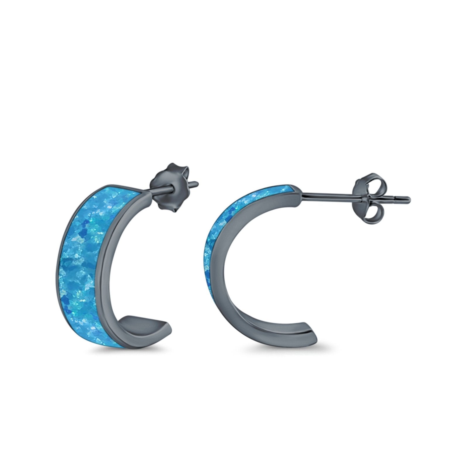 Half Hoop Stud Earrings Lab Created Opal 925 Sterling Silver (15mm)