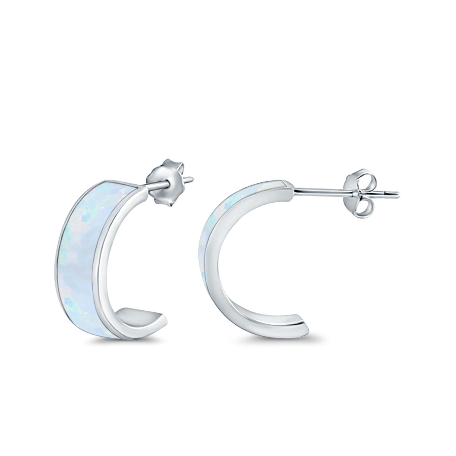 Half Hoop Stud Earrings Lab Created Opal 925 Sterling Silver (15mm)