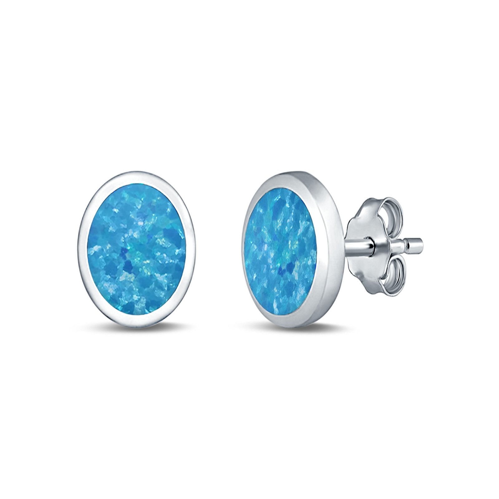 Oval Stud Earrings Lab Created Opal 925 Sterling Silver (6mm-12mm)