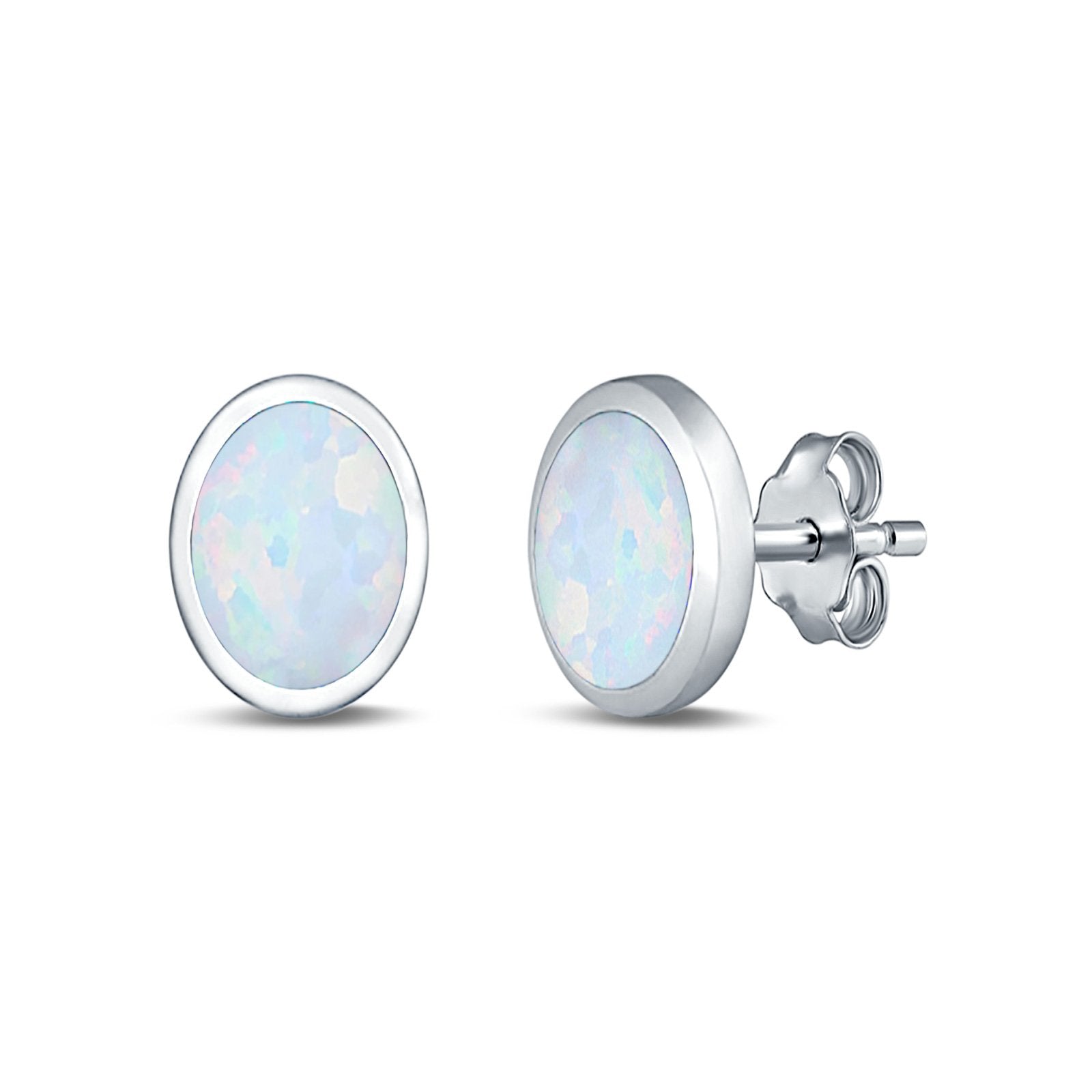 Oval Stud Earrings Lab Created Opal 925 Sterling Silver (6mm-12mm)