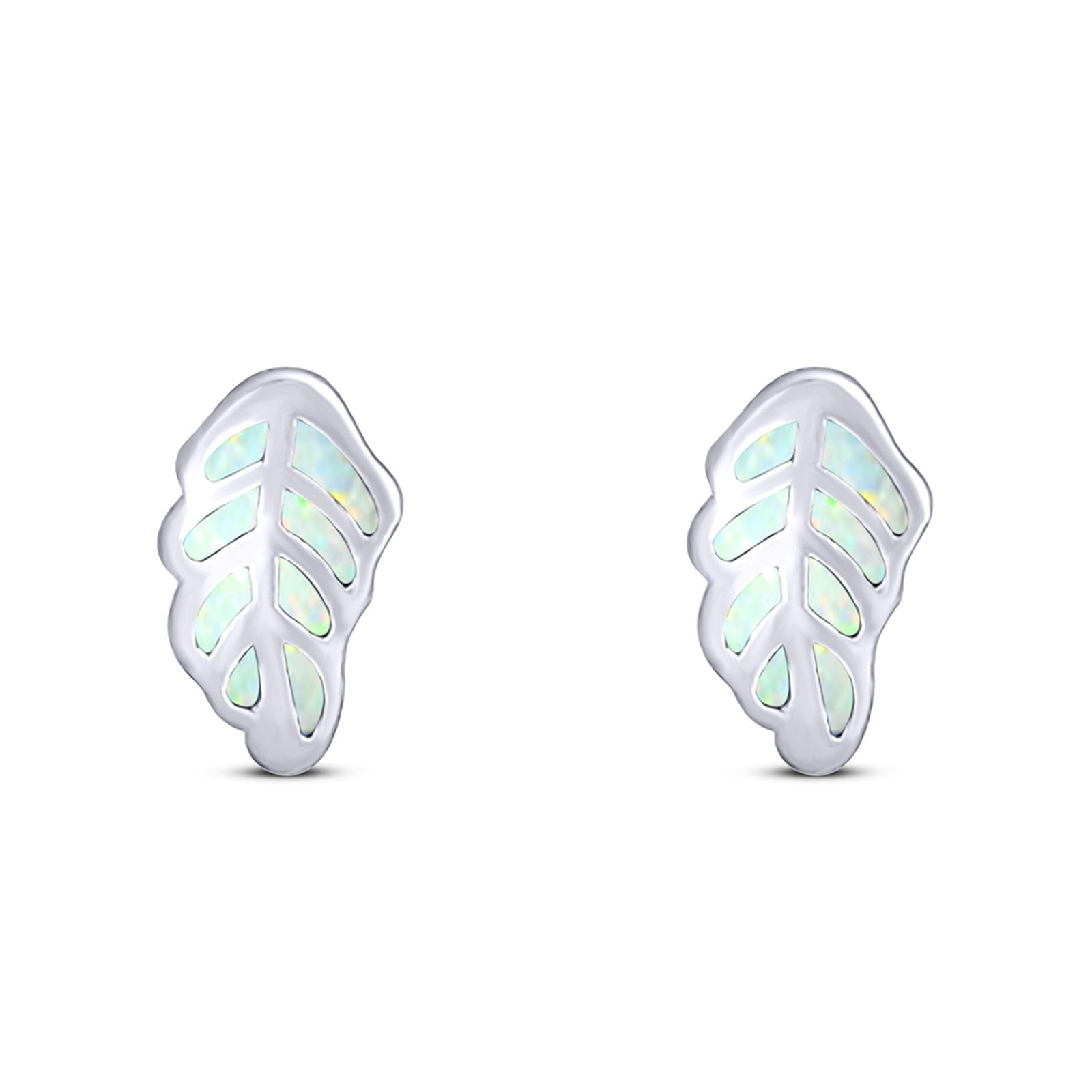 Leaf Stud Earring Created Opal Solid 925 Sterling Silver (10mm)