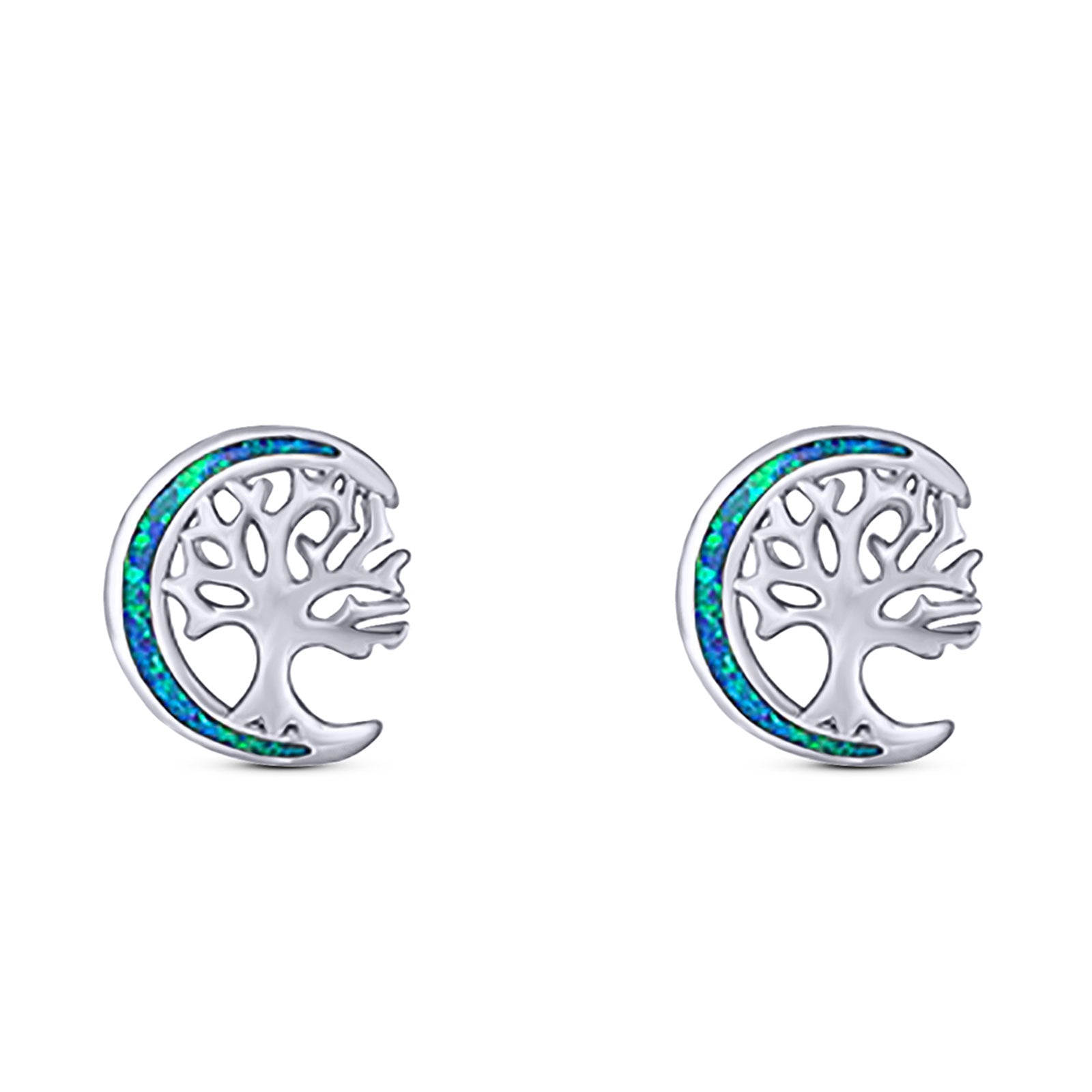 Moon & Tree Stud Earring Created Opal Solid 925 Sterling Silver (10mm)