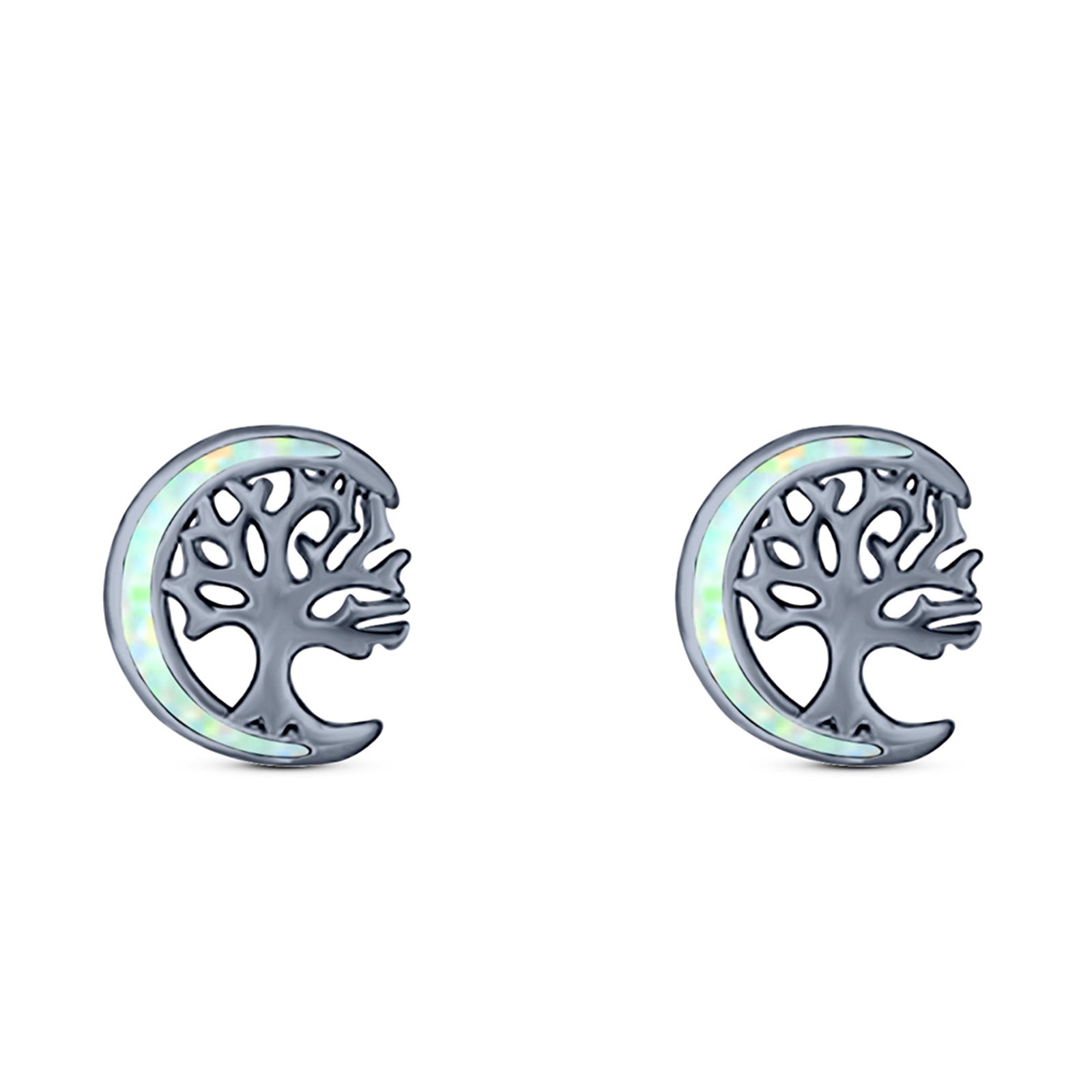 Moon & Tree Stud Earring Created Opal Solid 925 Sterling Silver (10mm)