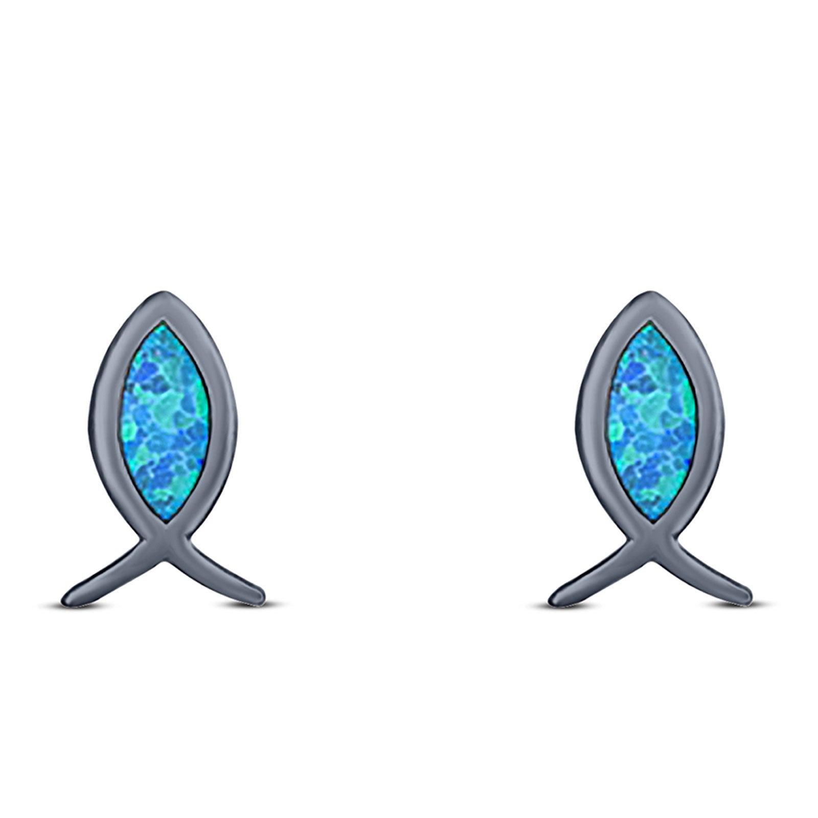 Fish Stud Earring Created Opal Solid 925 Sterling Silver (8.6mm)