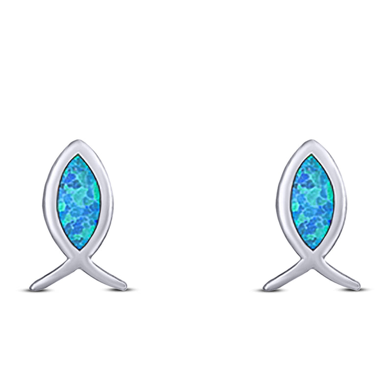 Fish Stud Earring Created Opal Solid 925 Sterling Silver (8.6mm)