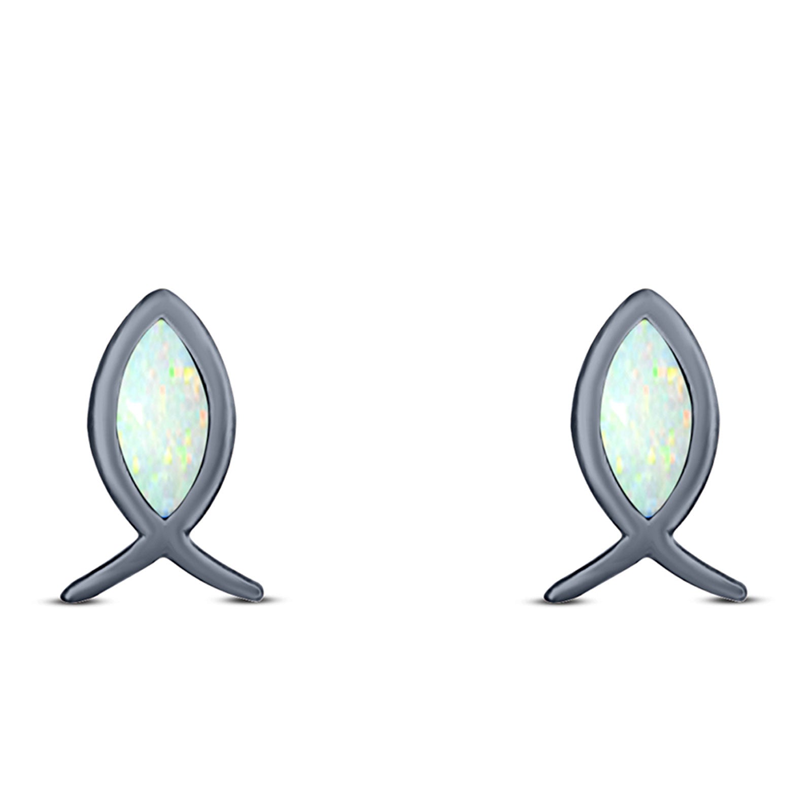 Fish Stud Earring Created Opal Solid 925 Sterling Silver (8.6mm)