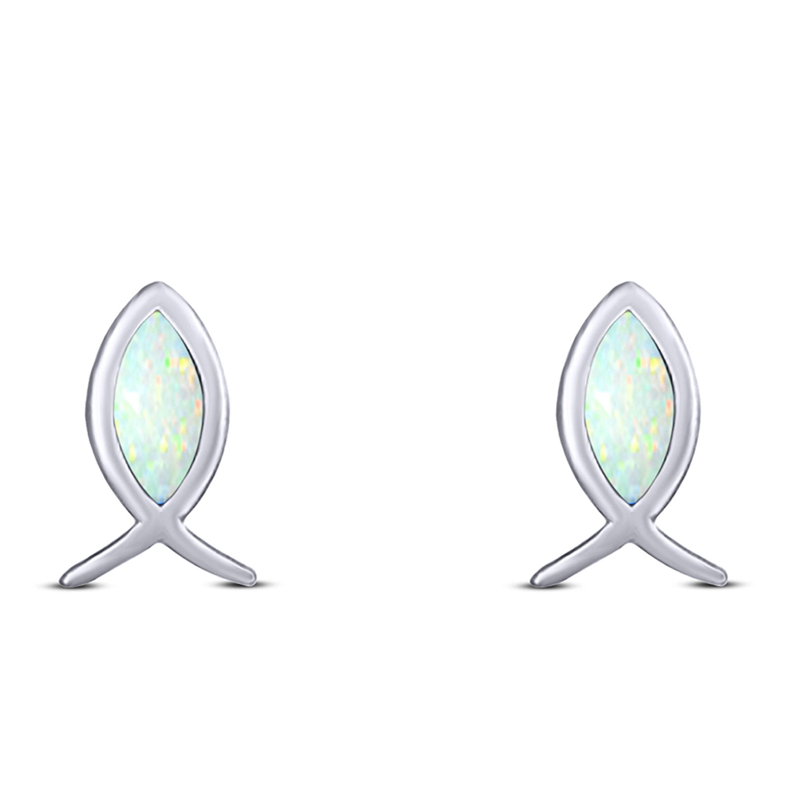 Fish Stud Earring Created Opal Solid 925 Sterling Silver (8.6mm)