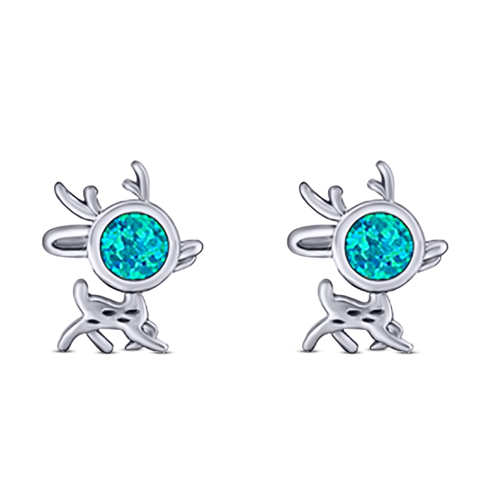 Deer Stud Earring Created Opal Solid 925 Sterling Silver (10.1mm)