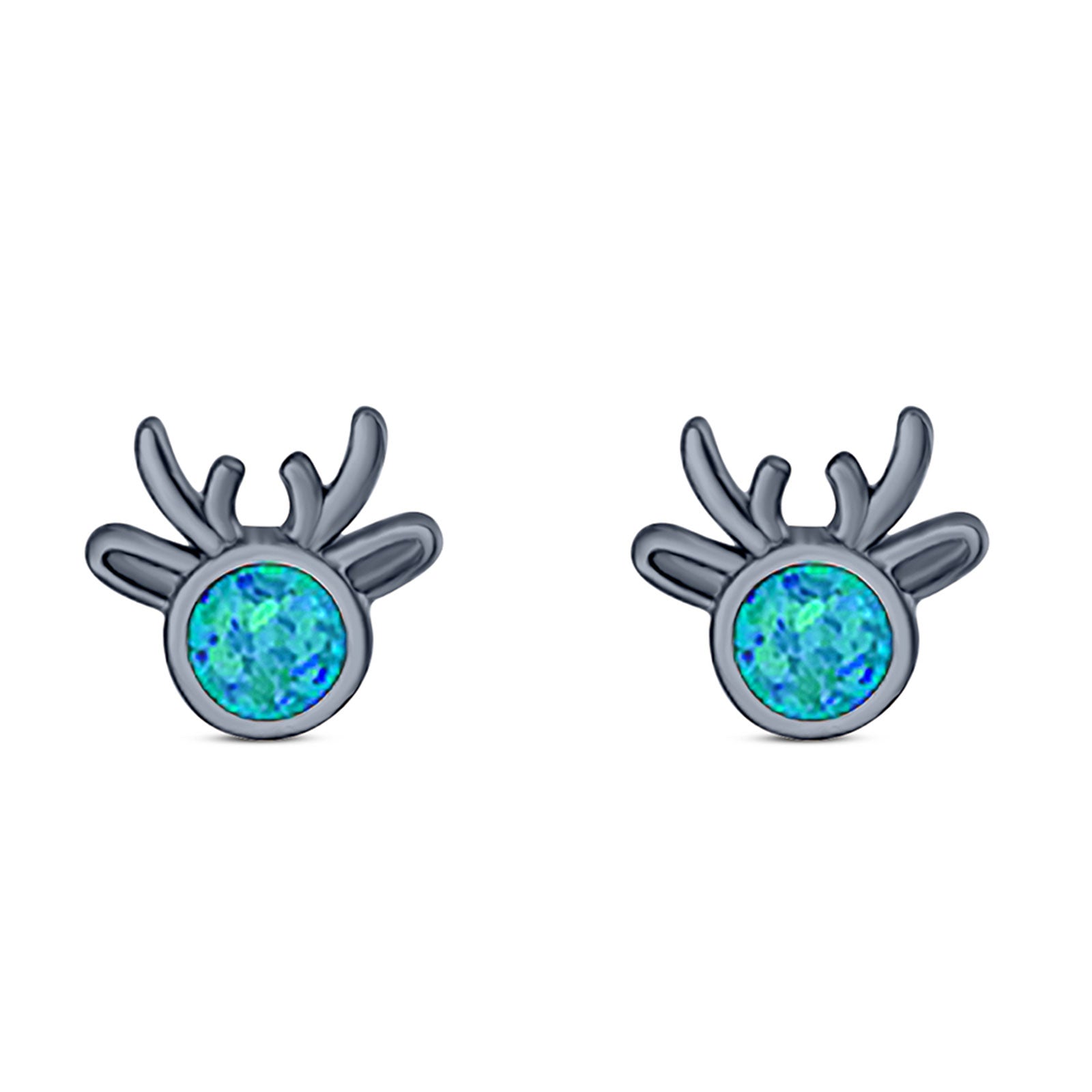 Deer Stud Earring Created Opal Solid 925 Sterling Silver (7.4mm)