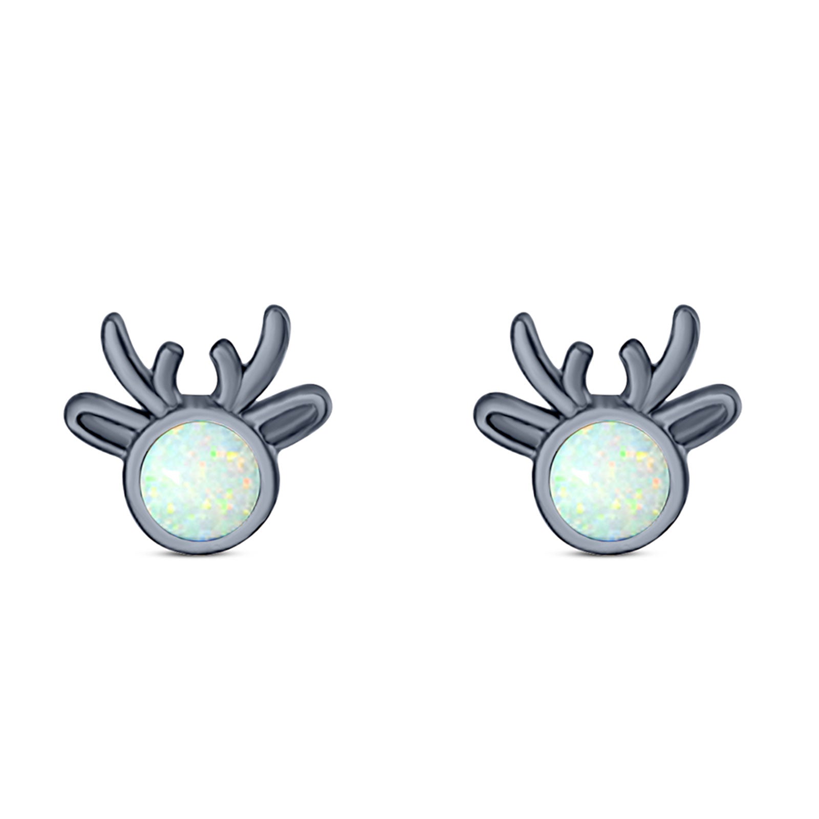 Deer Stud Earring Created Opal Solid 925 Sterling Silver (7.4mm)