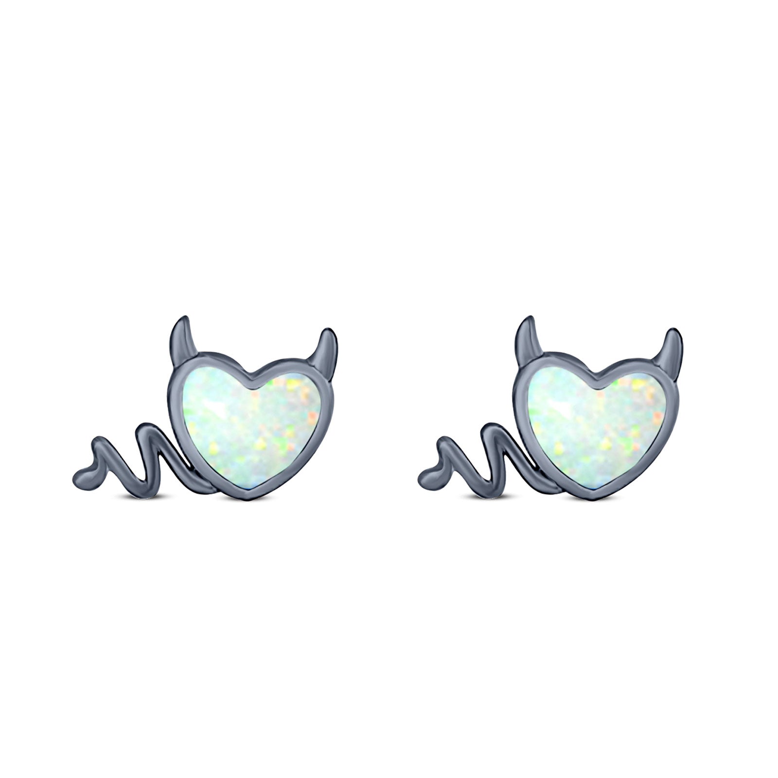 Heart Devil Stud Earring Created Opal Solid 925 Sterling Silver (9.5mm)