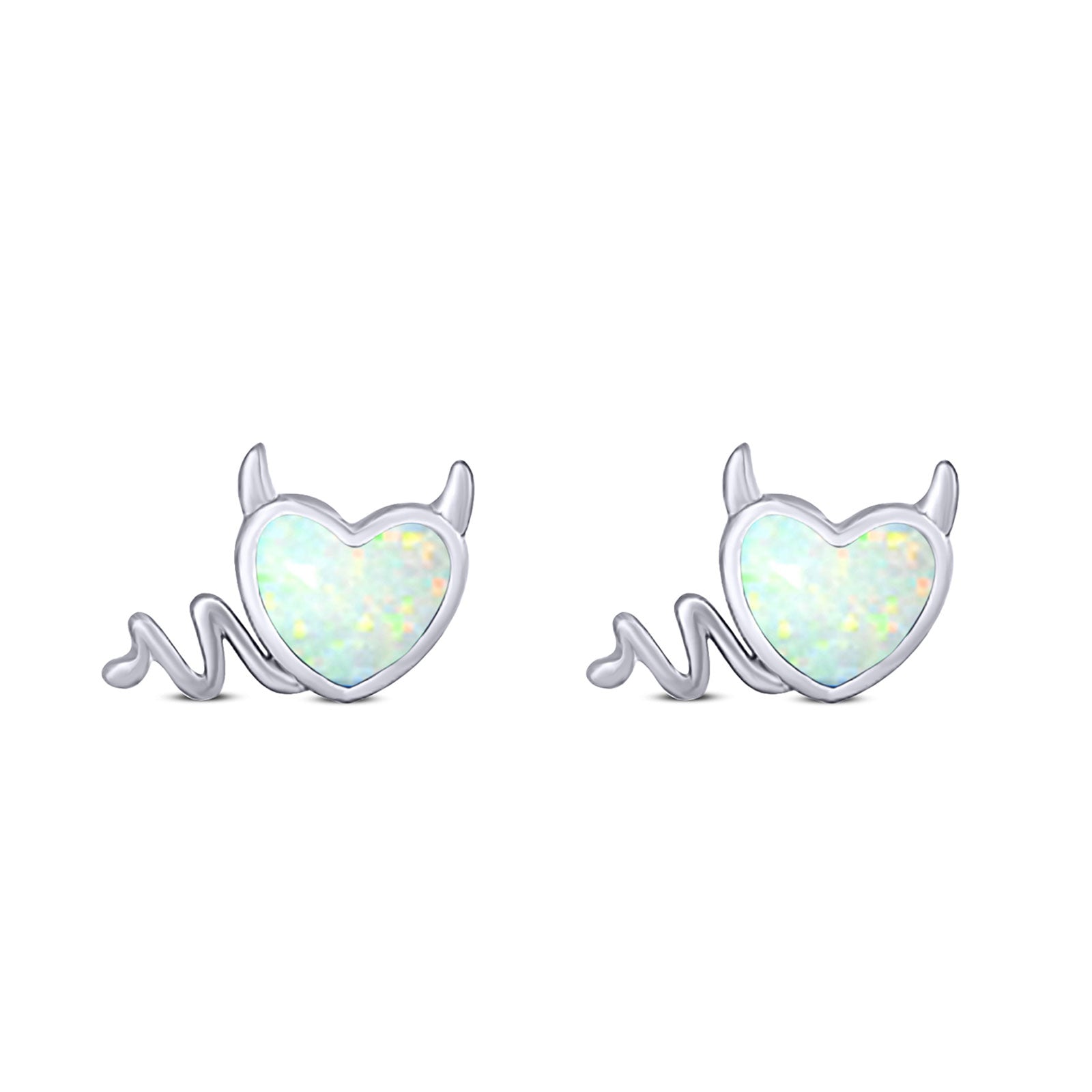 Heart Devil Stud Earring Created Opal Solid 925 Sterling Silver (9.5mm)
