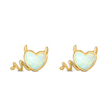 Heart Devil Stud Earring Created Opal Solid 925 Sterling Silver (9.5mm)