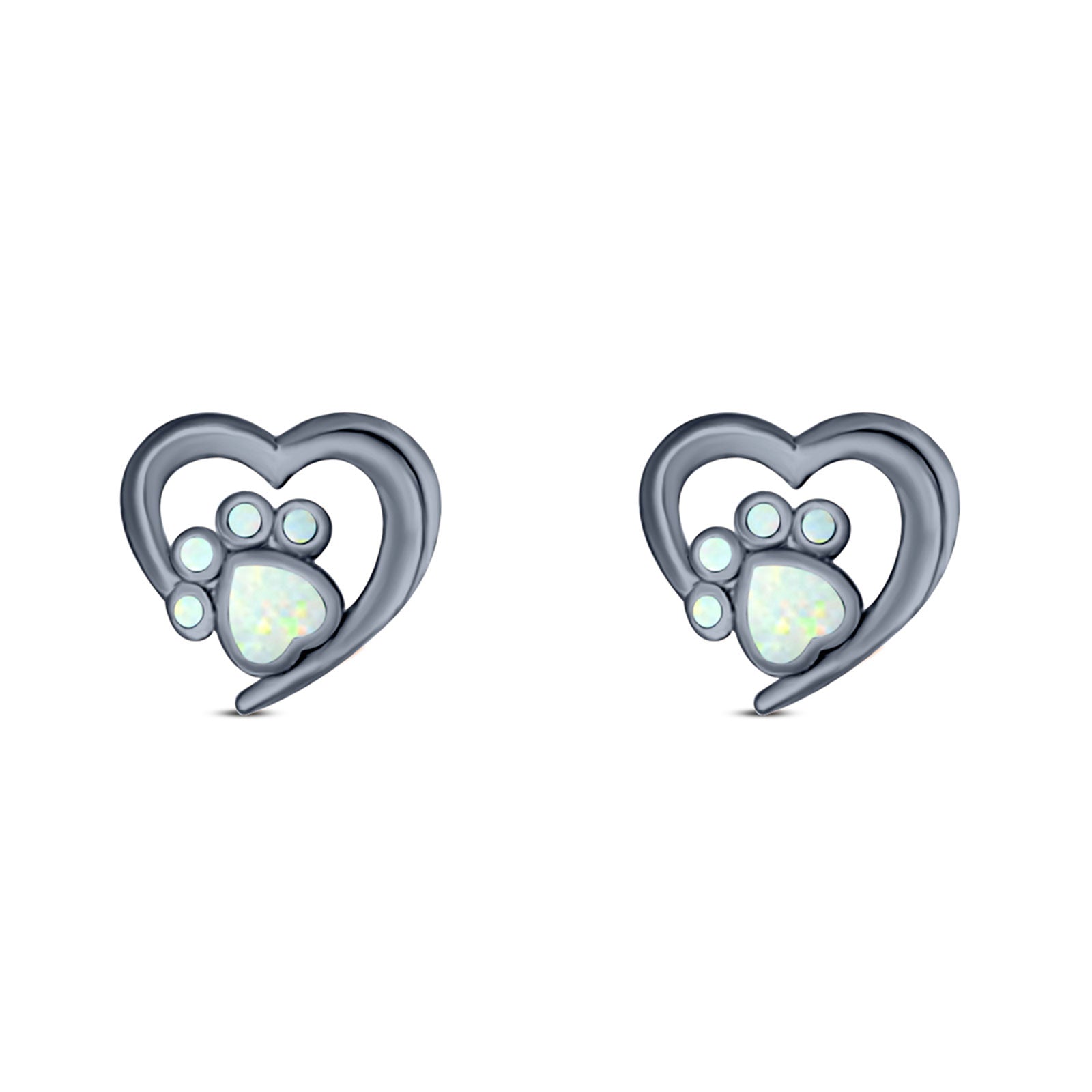 Heart & Paw Print Stud Earring Created Opal Solid 925 Sterling Silver (9.1mm)