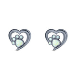 Heart & Paw Print Stud Earring Created Opal Solid 925 Sterling Silver (9.1mm)