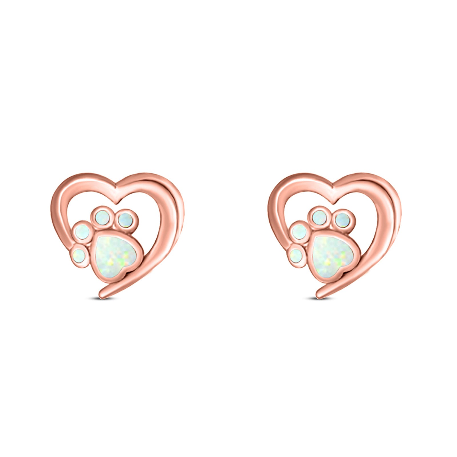 Heart & Paw Print Stud Earring Created Opal Solid 925 Sterling Silver (9.1mm)