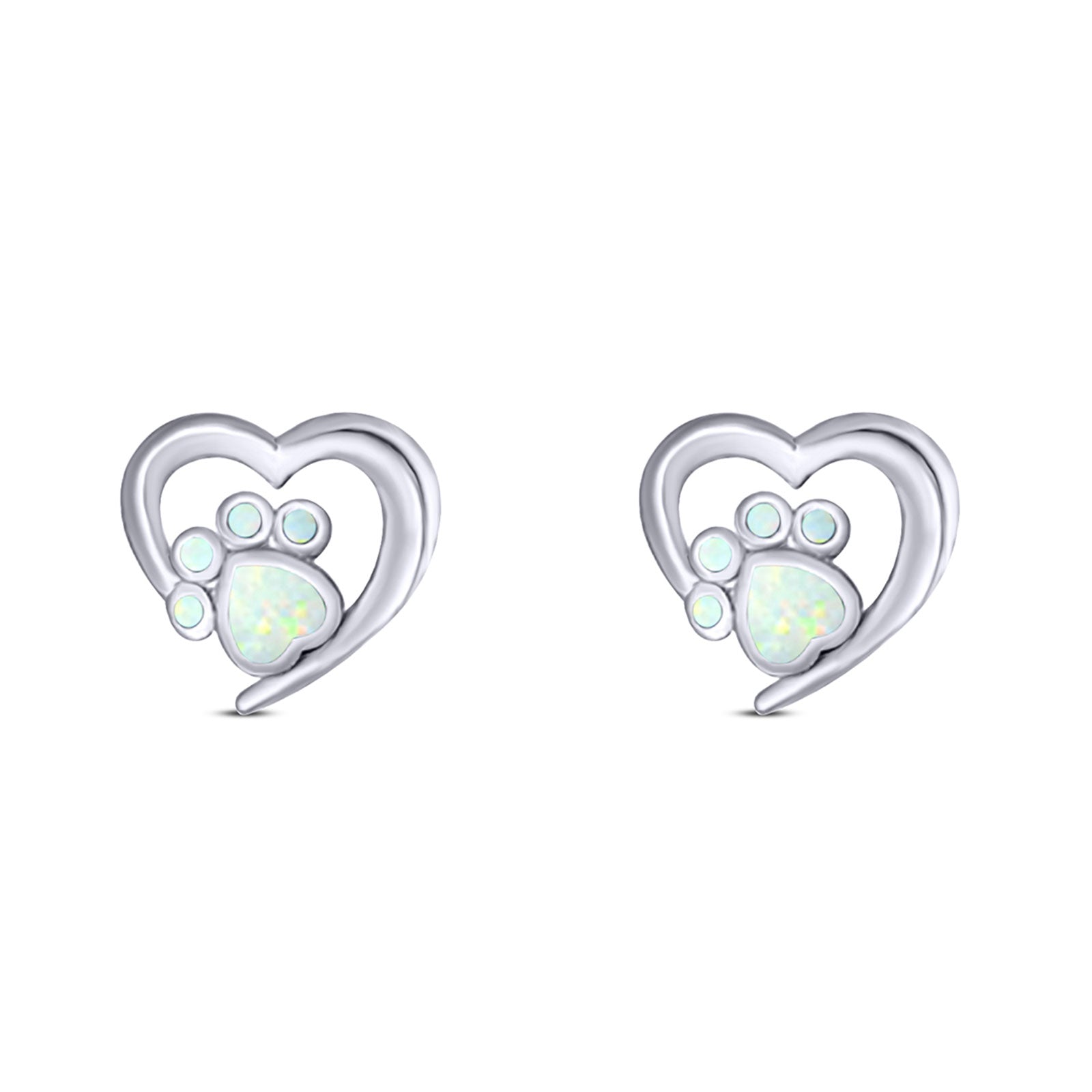 Heart & Paw Print Stud Earring Created Opal Solid 925 Sterling Silver (9.1mm)