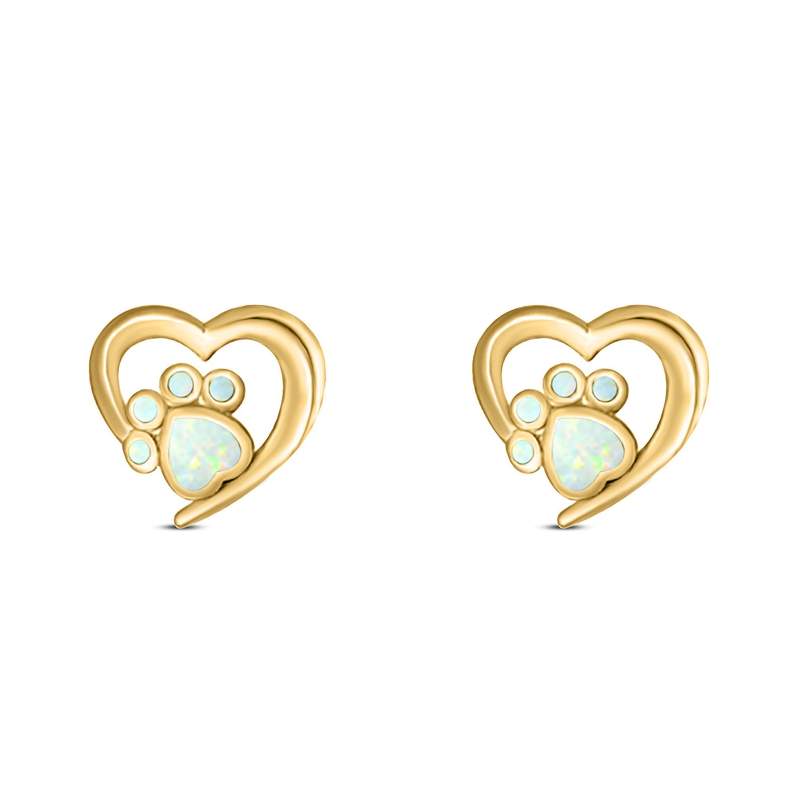 Heart & Paw Print Stud Earring Created Opal Solid 925 Sterling Silver (9.1mm)