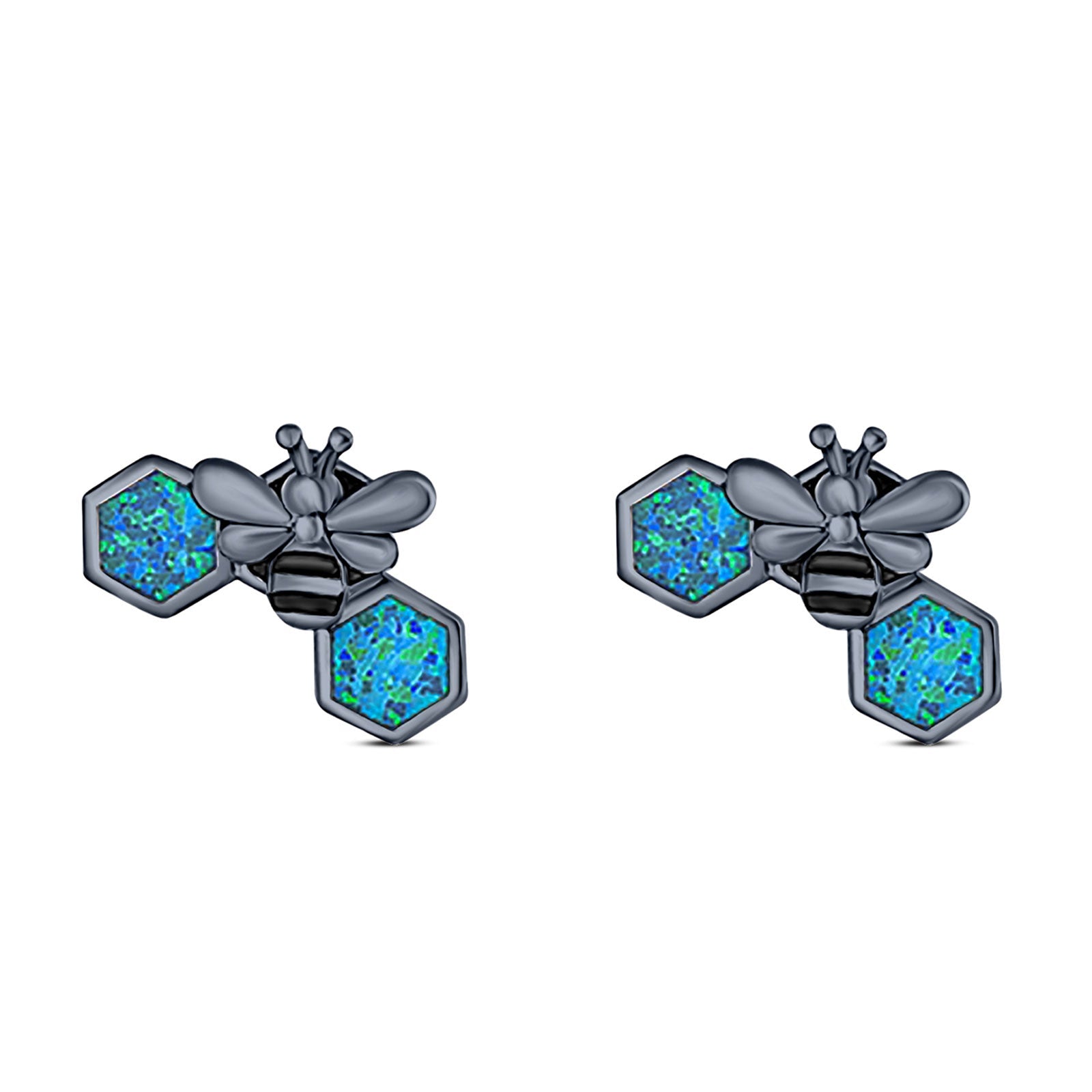 Lucky Honey Bee Print Stud Earring Created Opal Solid 925 Sterling Silver (8.7mm)