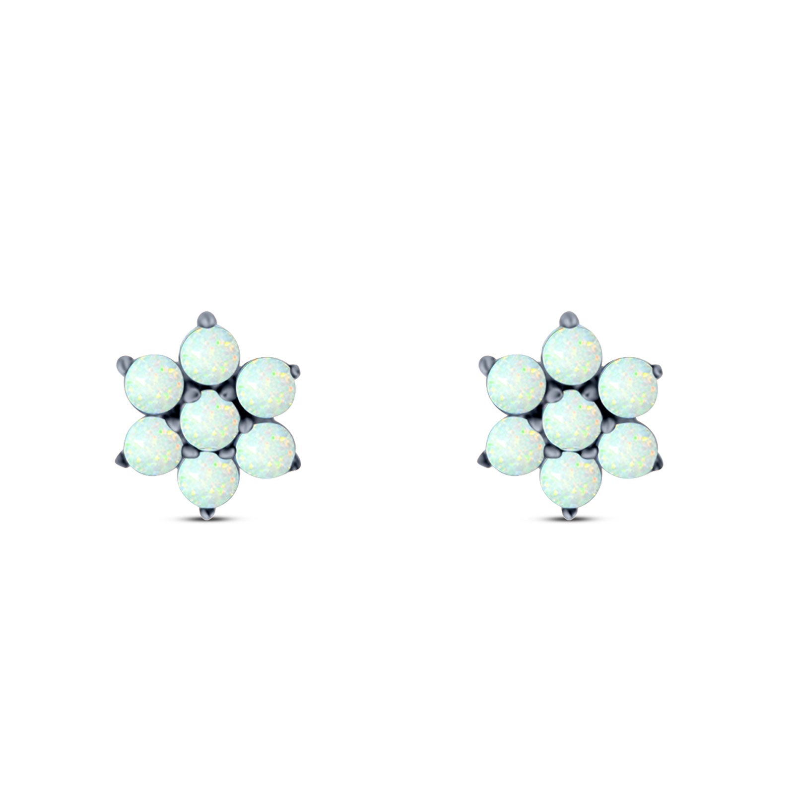 Art Deco Round Flower Design Stud Earring Created Opal Solid 925 Sterling Silver (6.3mm)