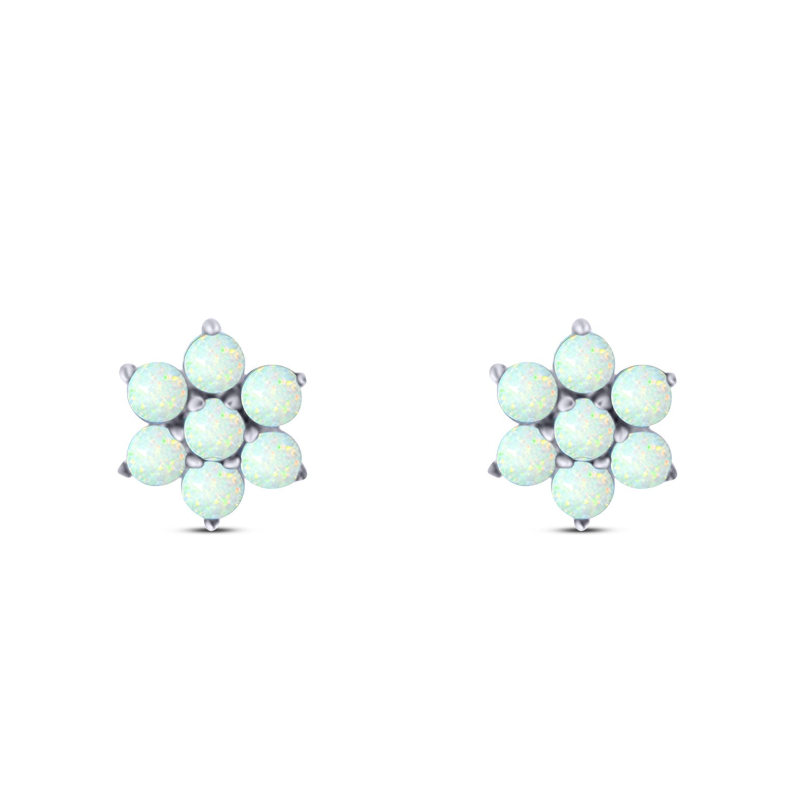 Art Deco Round Flower Design Stud Earring Created Opal Solid 925 Sterling Silver (6.3mm)