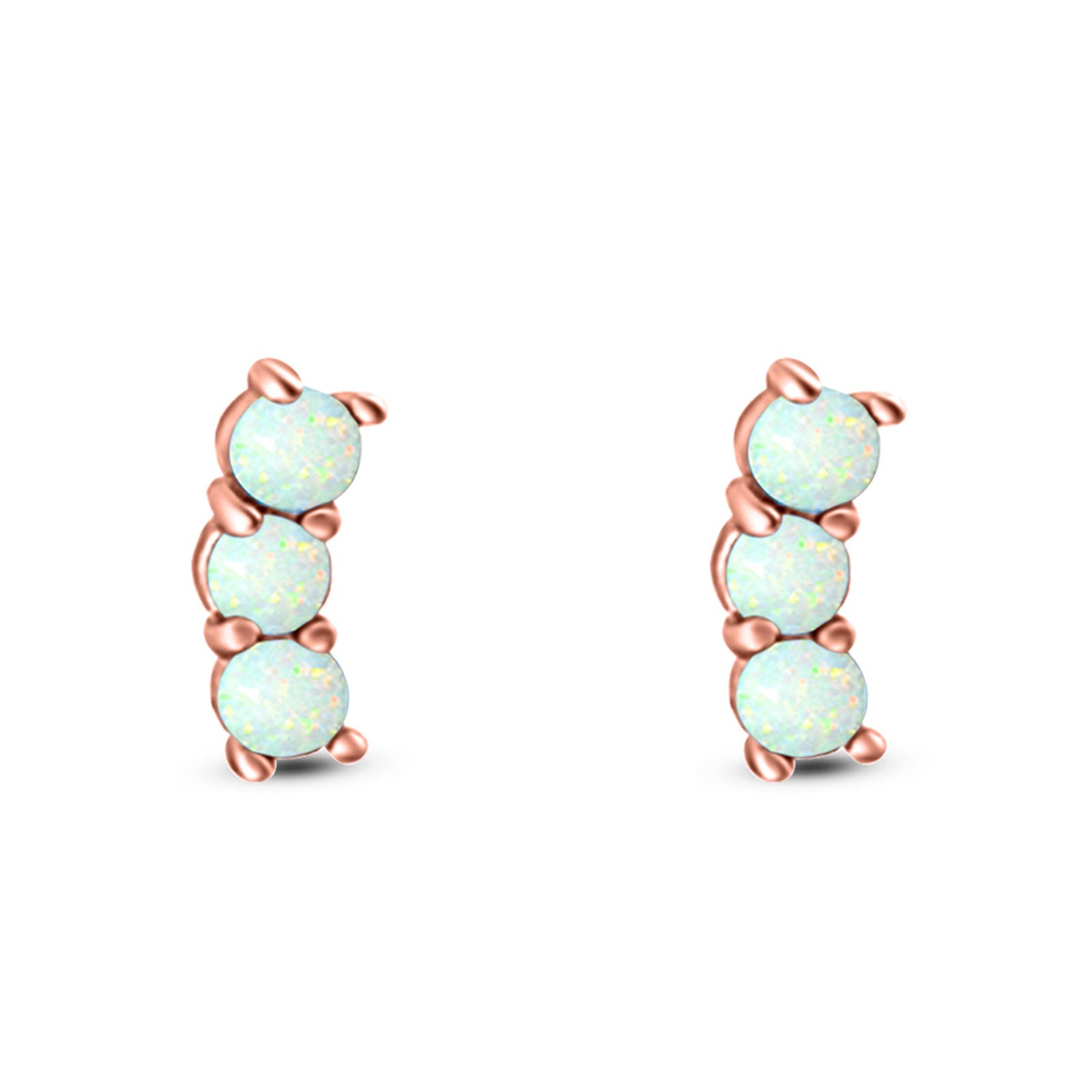 Art Deco Three Stone Style Stud Earring Round Created Opal Solid 925 Sterling Silver (7mm)