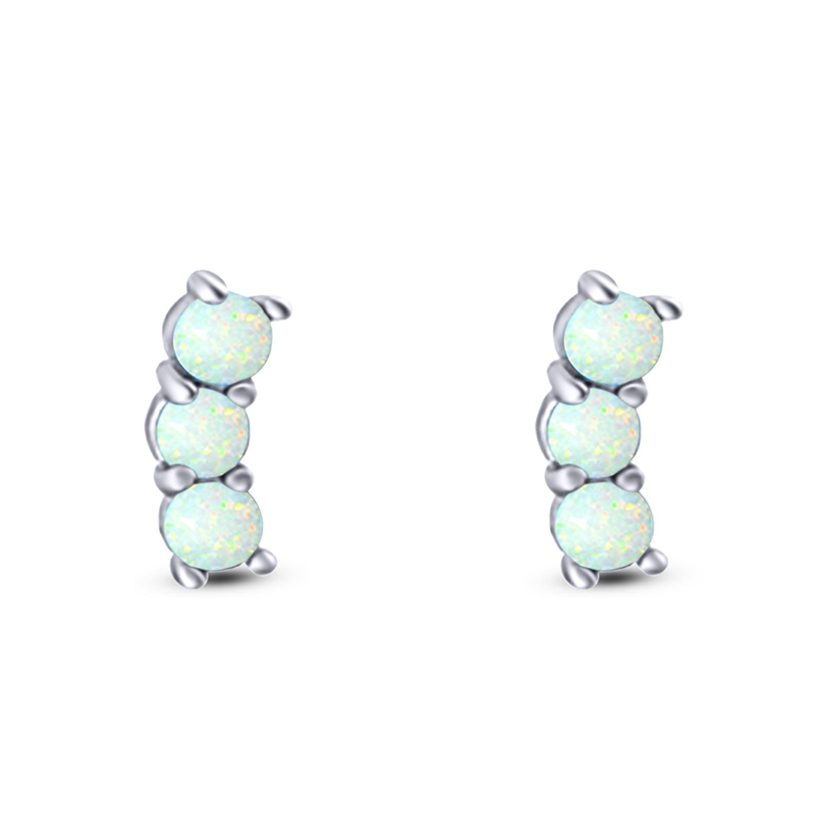 Art Deco Three Stone Style Stud Earring Round Created Opal Solid 925 Sterling Silver (7mm)