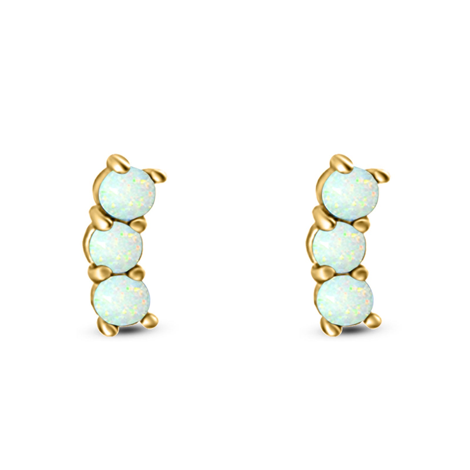 Art Deco Three Stone Style Stud Earring Round Created Opal Solid 925 Sterling Silver (7mm)