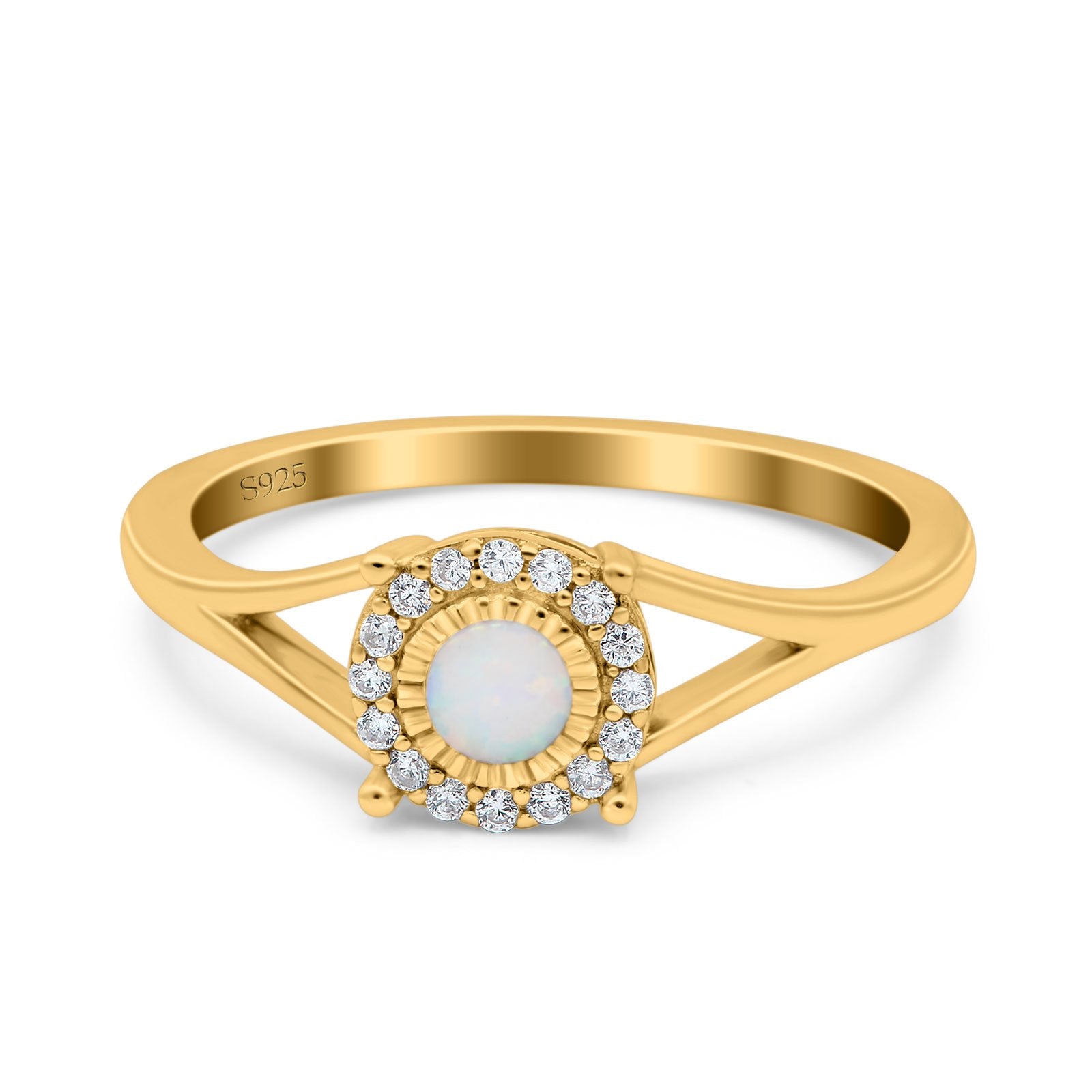 Solitaire Fashion Engagement Ring Created Opal Round Simulated Cubic Zirconia 925 Sterling Silver