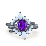 Three Piece Set Oval Lab White Opal Teardrop Art Deco Wedding Ring Vintage Band Simulated Cubic Zirconia Solid 925 Sterling Silver